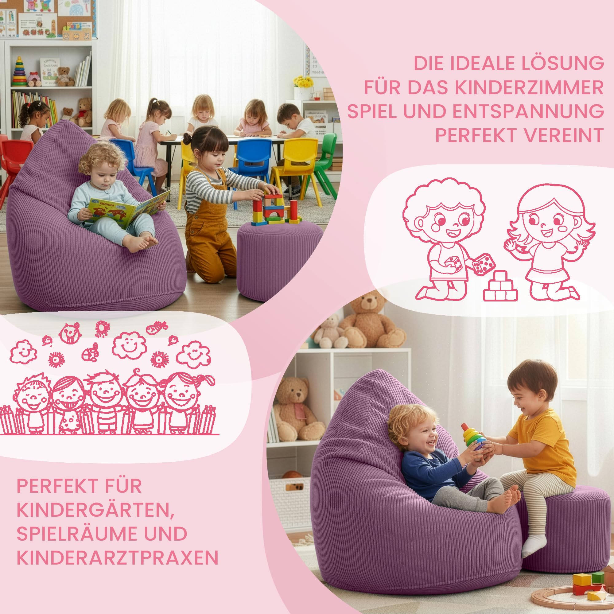 DreamRoots Sitzsack Kinder Cord 70x70x105 mit Hocker, Plum Smoothie | Bean Bag Chair mit Hocker, Lehne & Bezug, mit Füllung, Sitzkissen Boden, Kindersitzsack Kinderzimmer