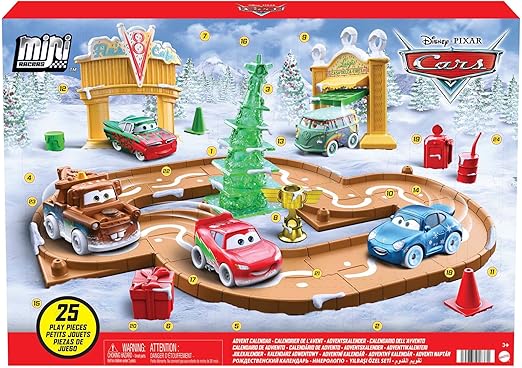Disney and Pixar Cars Toys Mini Racers Advent Calendar with 5 Toy Cars, Track Pieces and Mini-Toy Accessories 25 Surprises Holiday Gifts for Kids