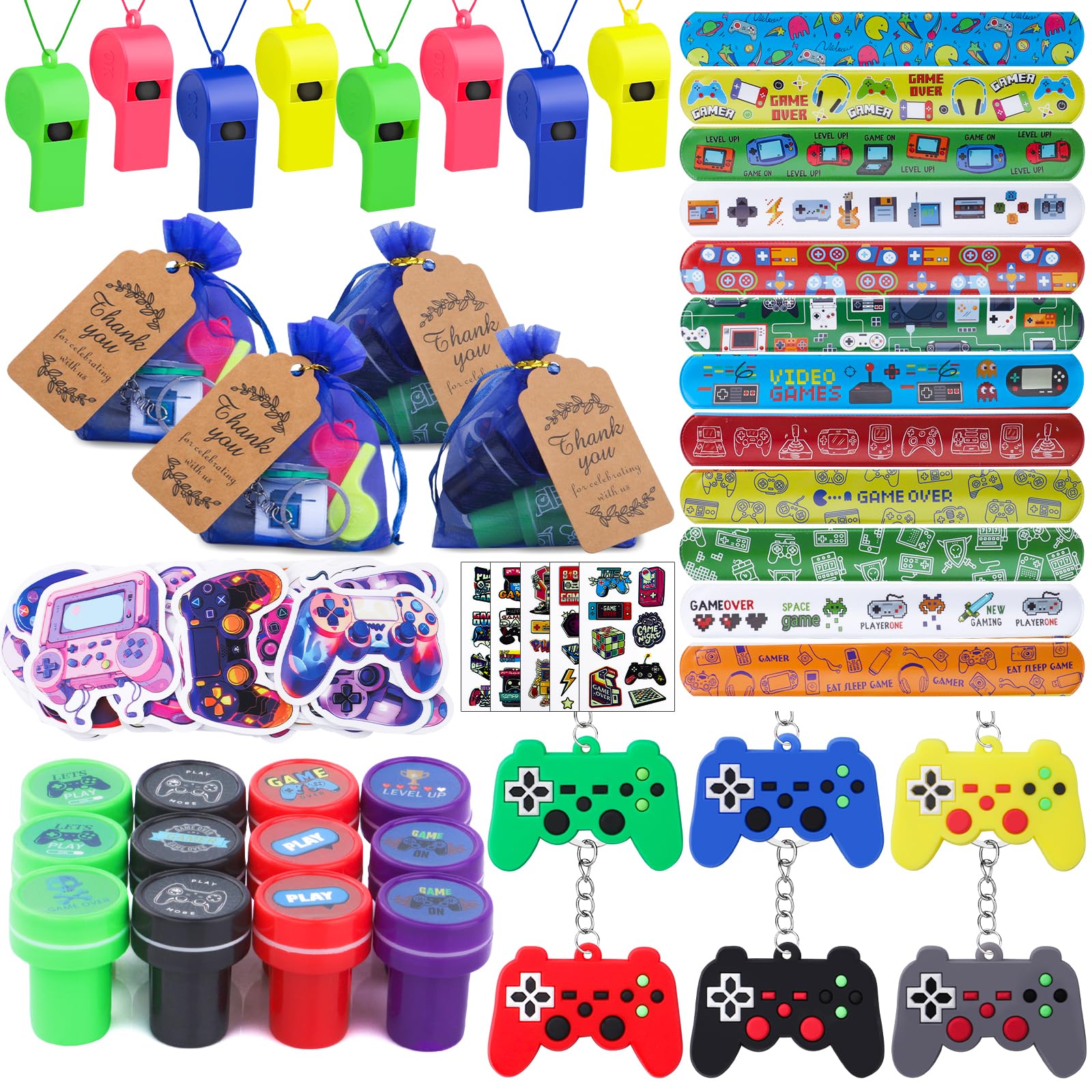 134 Pcs Video Game Party Favors, Includes Video Game Slap Bracelet Keychain Stamper Whistle Mesh Bag Card Stickers Tattoos for Kids Gaming Party