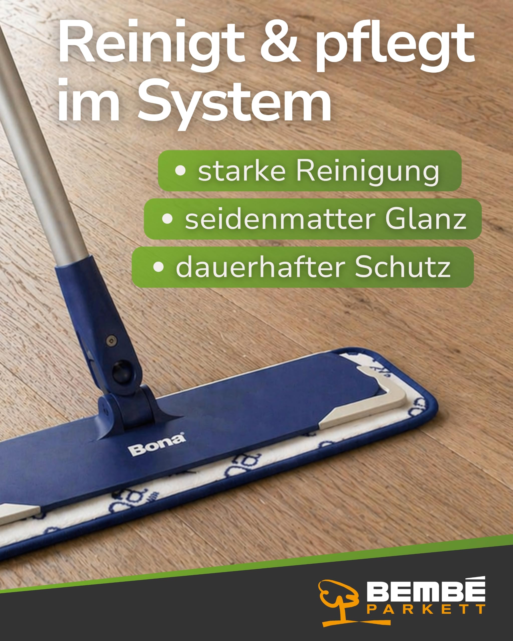 Bembé Erstpflege-Set für geöltes Parkett I Pflegewischer + 1 L Fresh + 1 L Neutralreiniger I Parkettpflege für geöltes & gewachstes Parkett I Reinigt, schützt & pflegt I Seidenmatt & rutschhemmend