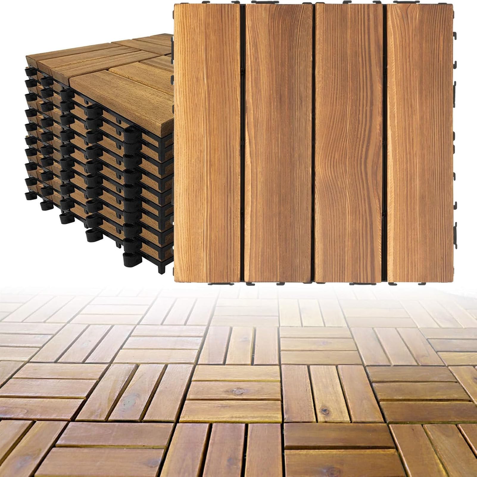 Piastrelle a Incastro in Legno 30x30 cm con Base in PE 4-Slat-12pc | Confezione da 11 pezzi (1 m²) –Pavimentazione in legno di acacia per esterni;piastrelle antiscivolo con sistema a incastro