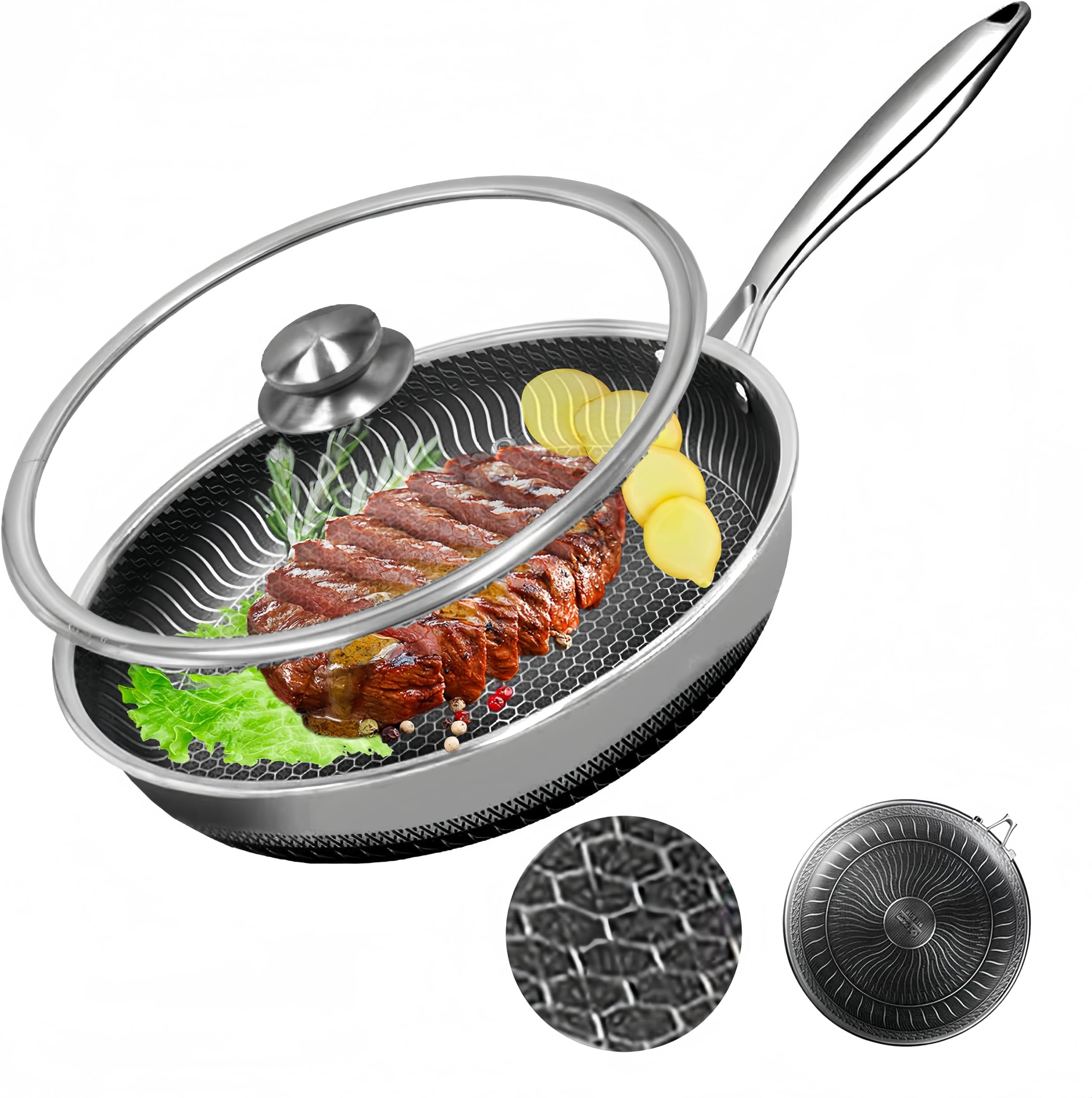 LUXANO Pfanne Bratpfanne 26 cm [ 24 cm 28 cm ] Beschichtete Pfanne mit Deckel Wabenpfanne mit