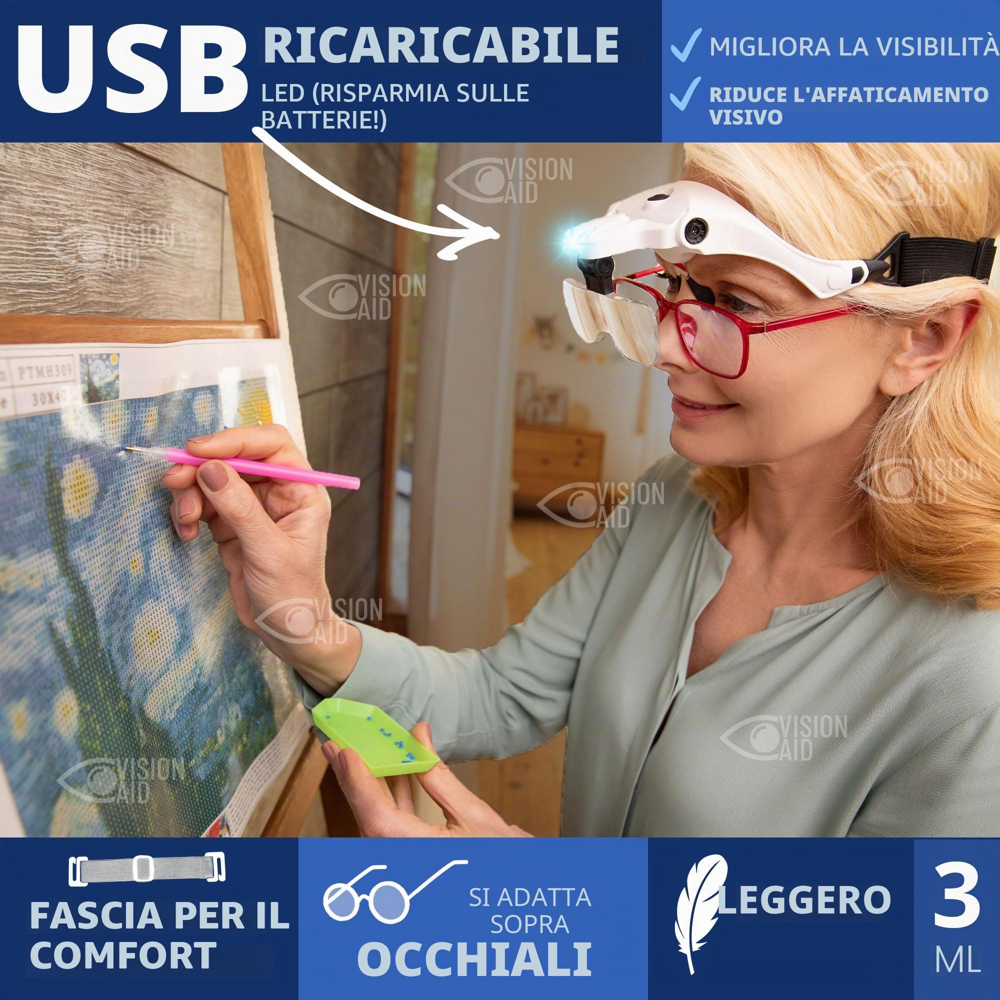 VISION AID Lenti d'Ingrandimento con Luce LED 5 Lenti Archetto Custodia Lente d'ingrandimento illuminata a mani libere per artigianato hobby Ricamo Pittura Miniatura Modellismo lavori di precisione