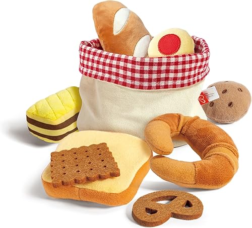 Hape Cesta de pan para niños pequeños | Juego de comida suave para niños, cesta de pan de juguete incluye tostadas, galletas de mermelada, pasteles,