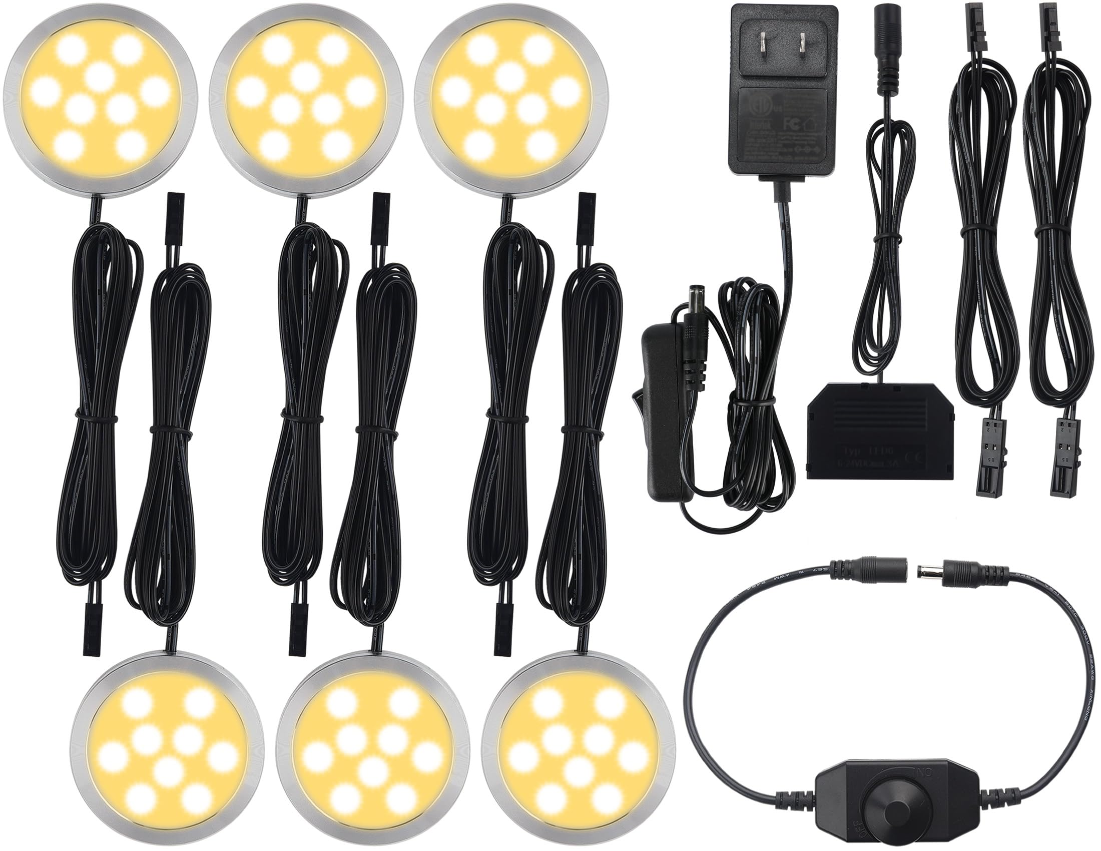 Meigour Puck Lighting, Efficent LED Cabinet Lights for Display Case Coset Accent Lighting, Rotary Dimmer, AC110V Wall Plug in, Black Cords, 6 Lights, Warm White