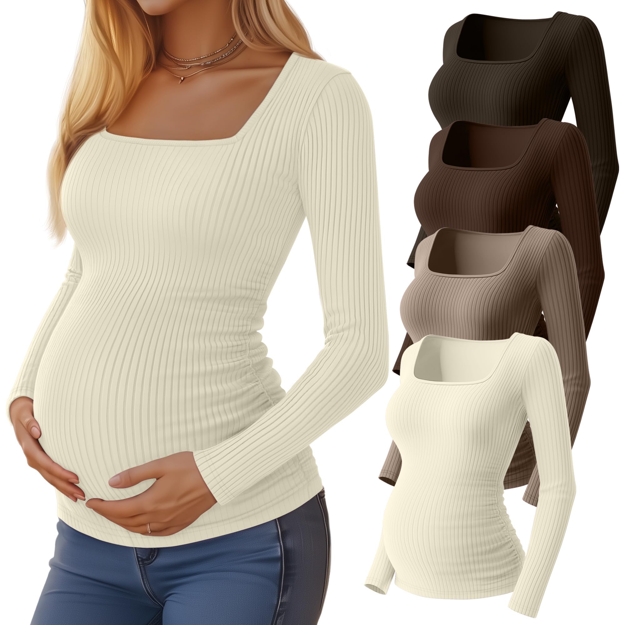 Huukeay 4 Pack Womens Maternity Shirts Cotton Ribbed Long Sleeve Square Neck Pregnancy Tunic Tops Side Ruched Basic