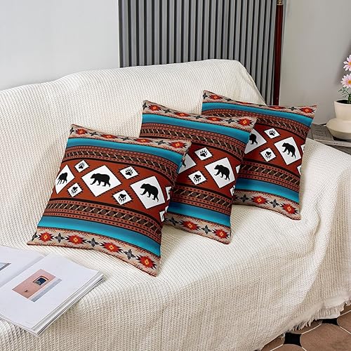 Miniatura 10 de Juego de 2 fundas de almohada de oso azteca de 20 x 20 pulgadas, fundas de cojín estilo occidental para sofá, cama, sillón, diseño tribal étnico
