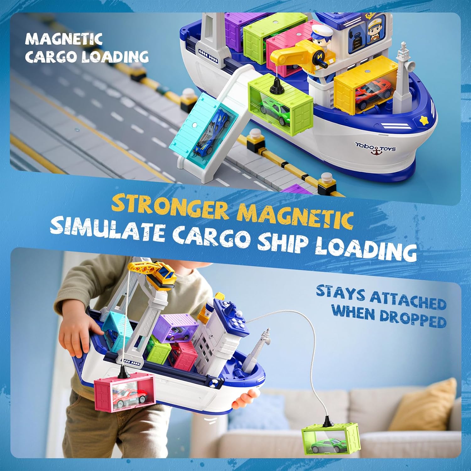 Cargo Boat Toys for 3 4 5 6 Year Old Boys Kids, Toy Boat and Crane Playset with 18 Pcs Die-Cast Cars, 8 Containers, 4 Sound and LED Light, Ideas Birthday Gifts for 3 4 5 6 Year Old Boys