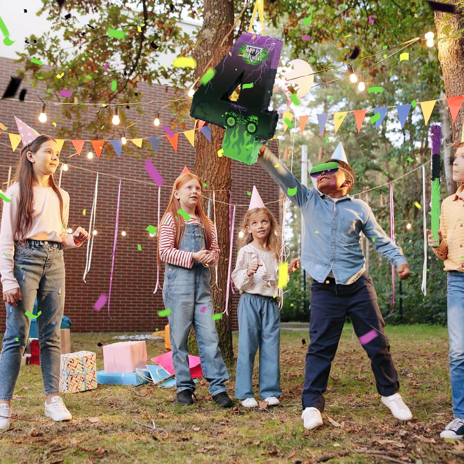 Piñata de camión – Paquete de piñata Monster Truck con venda para los ojos y murciélago para decoración de fiesta temática de piñata, piñata de coche genial para fiesta de cumpleaños, carnaval
