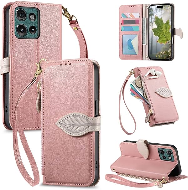 Funda genérica compatible con Xiaomi 17Pro Max (Color: Rose Gold) Billetera de cuero premium con tapa magnética y estampado de hoja