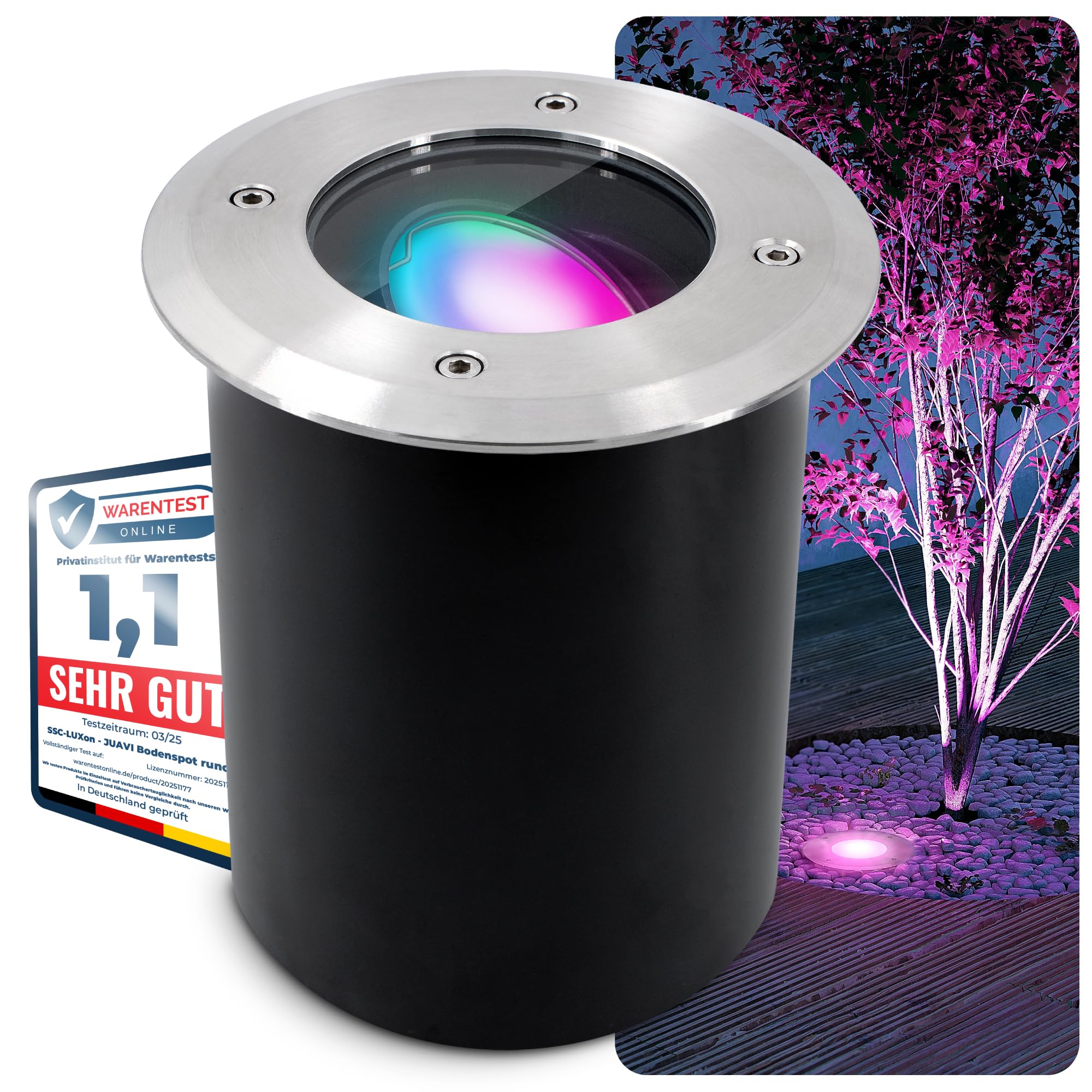 SSC-LUXon JUAVI Bodeneinbaustrahler aussen schwenkbar - mit Smart GU10 WLAN CCT RGB - Bodenspot befahrbar kompatibel mit Alexa, Siri & Google