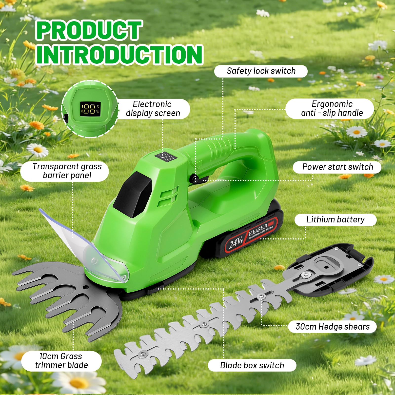Heckenschere 21 V, 2 in 1, kabellos, mit Hecken- und Rasenklinge, elektrische Heckenschere mit 2 Batterien à 2000 mAh, batteriebetriebene Heckenschere mit digitaler Ladeanzeige, für Sträucher, Garten