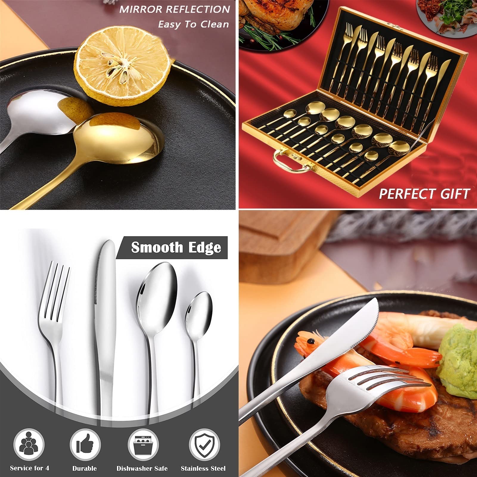 4 Teilig Edelstahl Besteckset Set, Besteck Set 6 Personen mit Messer Gabel Löffel, Modernes Besteckset,Spülmaschinenfest Poliert & Rostfrei für Home/Restaurant (Color : Silver)