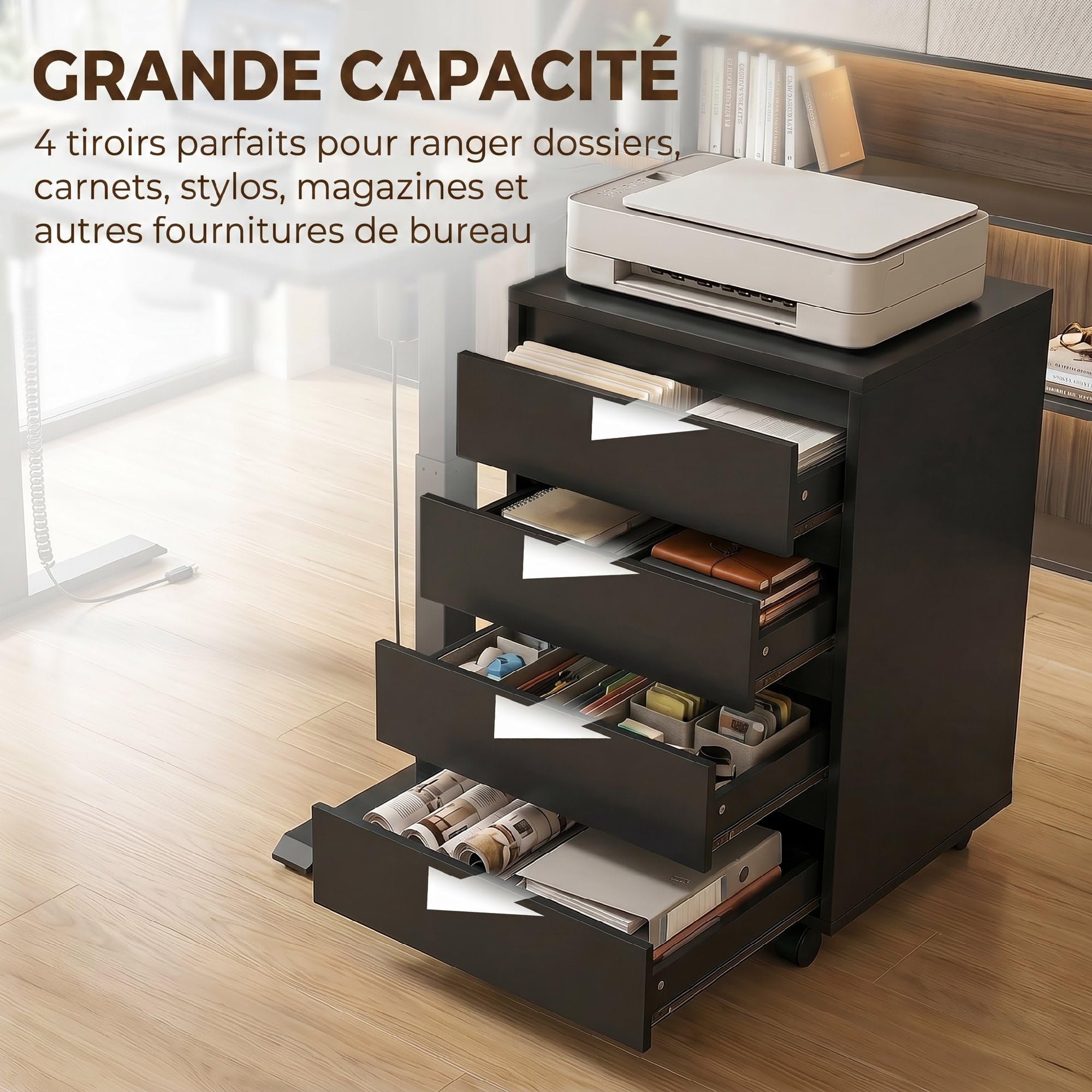 HOMCOM Caisson de Bureau, Rangement Bureau sur Roulettes, 4 Tiroirs Coulissants en Bois, Noir