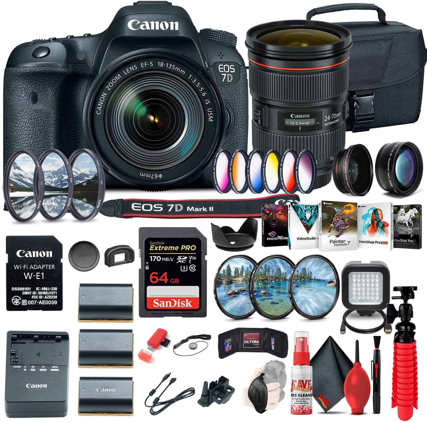 Canon EOS 7D Mark II DSLR Camera with 18-135mm f/3.5-5.6 is USM Lens & W-E1 Wi-Fi Adapter (9128B135) + Canon EF 24-70mm Lens + 64GB Memory Card + Color Filter Kit + Case + More