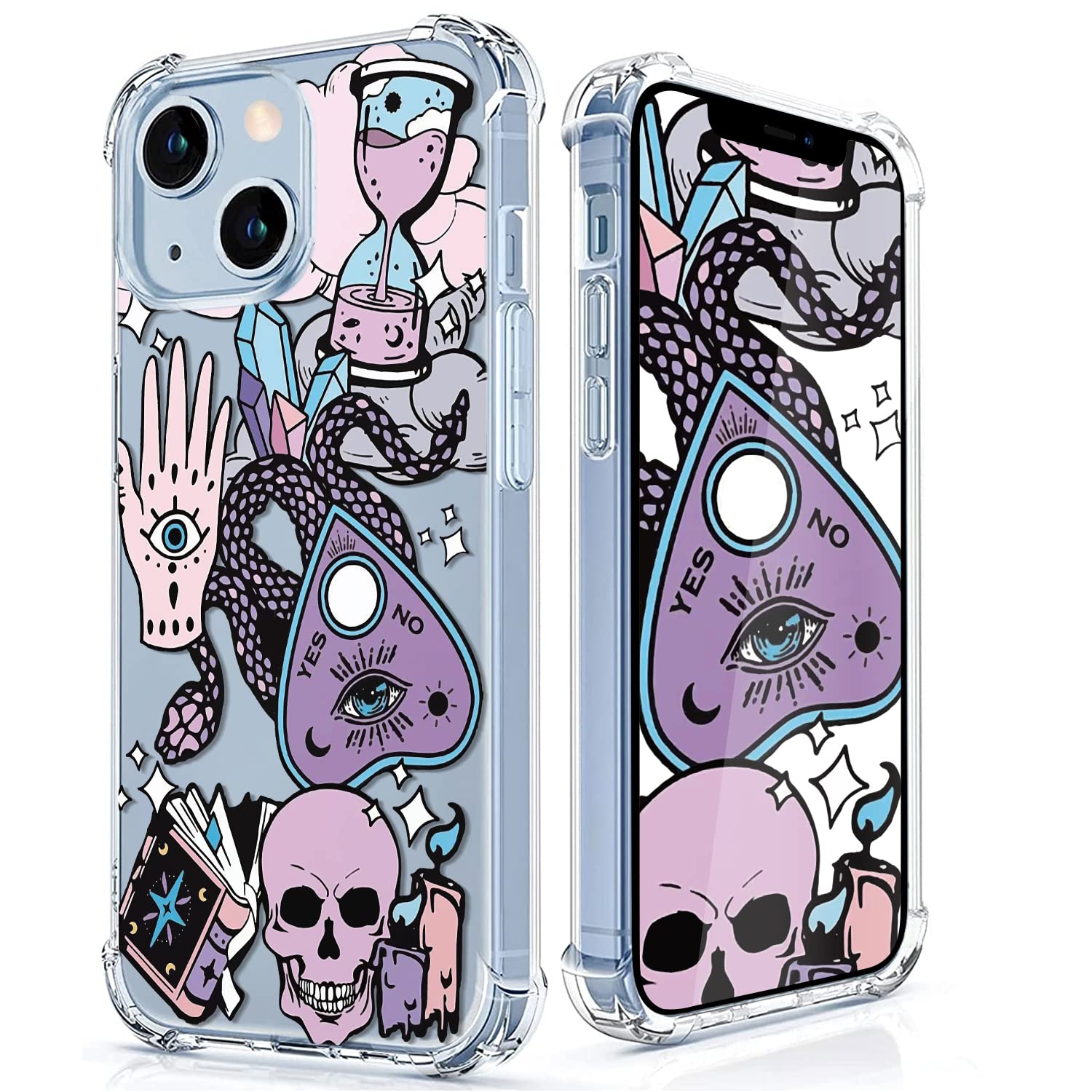 CAROKI for iPhone 14 Plus Clear Case, [Anti-Yellowing] with Purple Skull Pattern Clear Case Bumper Protective Shockproof Soft Silicon Cover Case for iPhone 14 Plus 6.7"-Purple Skull