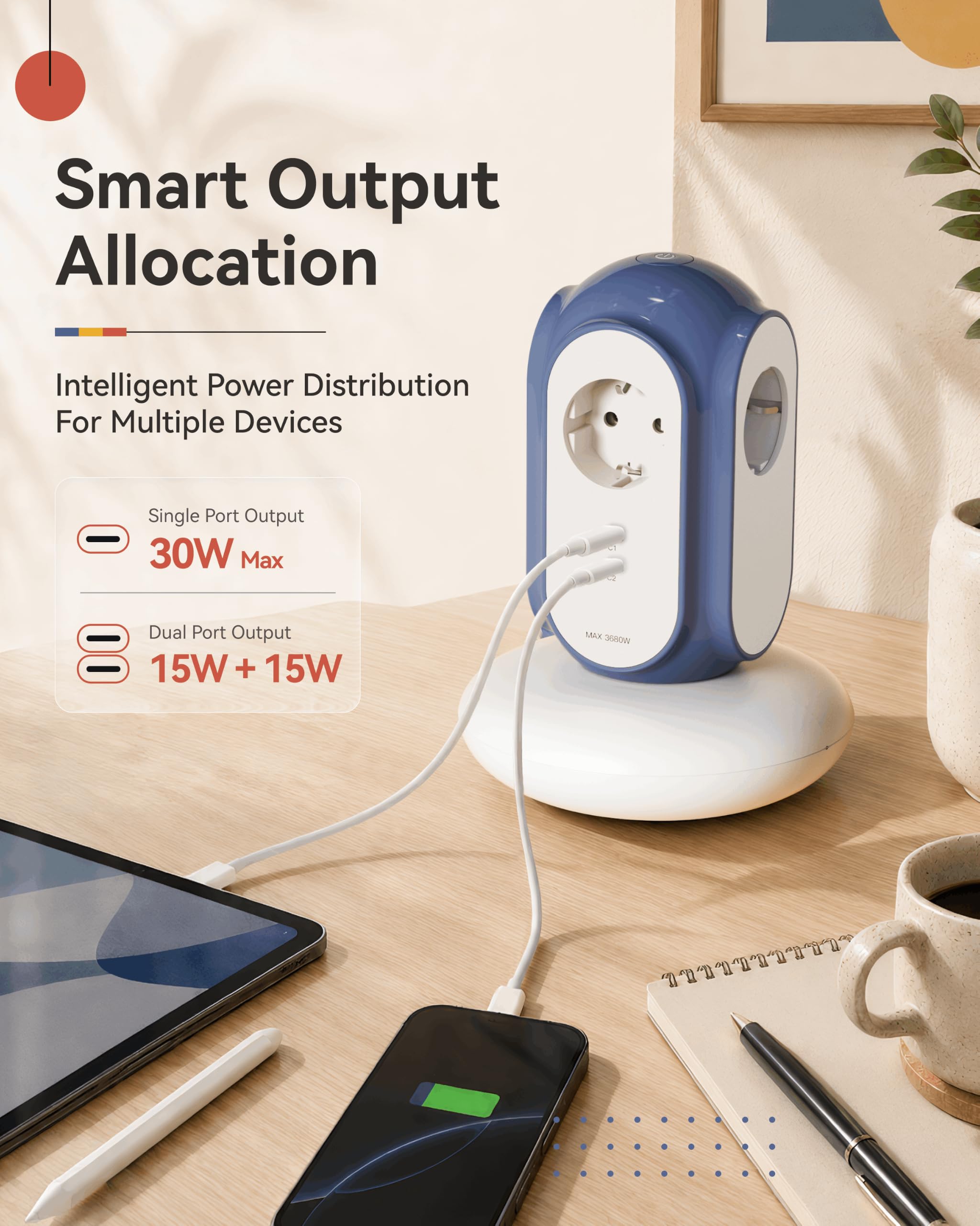 MiaoLab Listwa zasilająca z 3 gniazdami wtykowymi i 2 USB-C (szybkie ładowanie 30 W), 3680 W/16 A, ochrona przed przepięciem 1420J, podstawa 479 g, przedłużacz 2 m, zabezpieczenie przed przeciążeniem