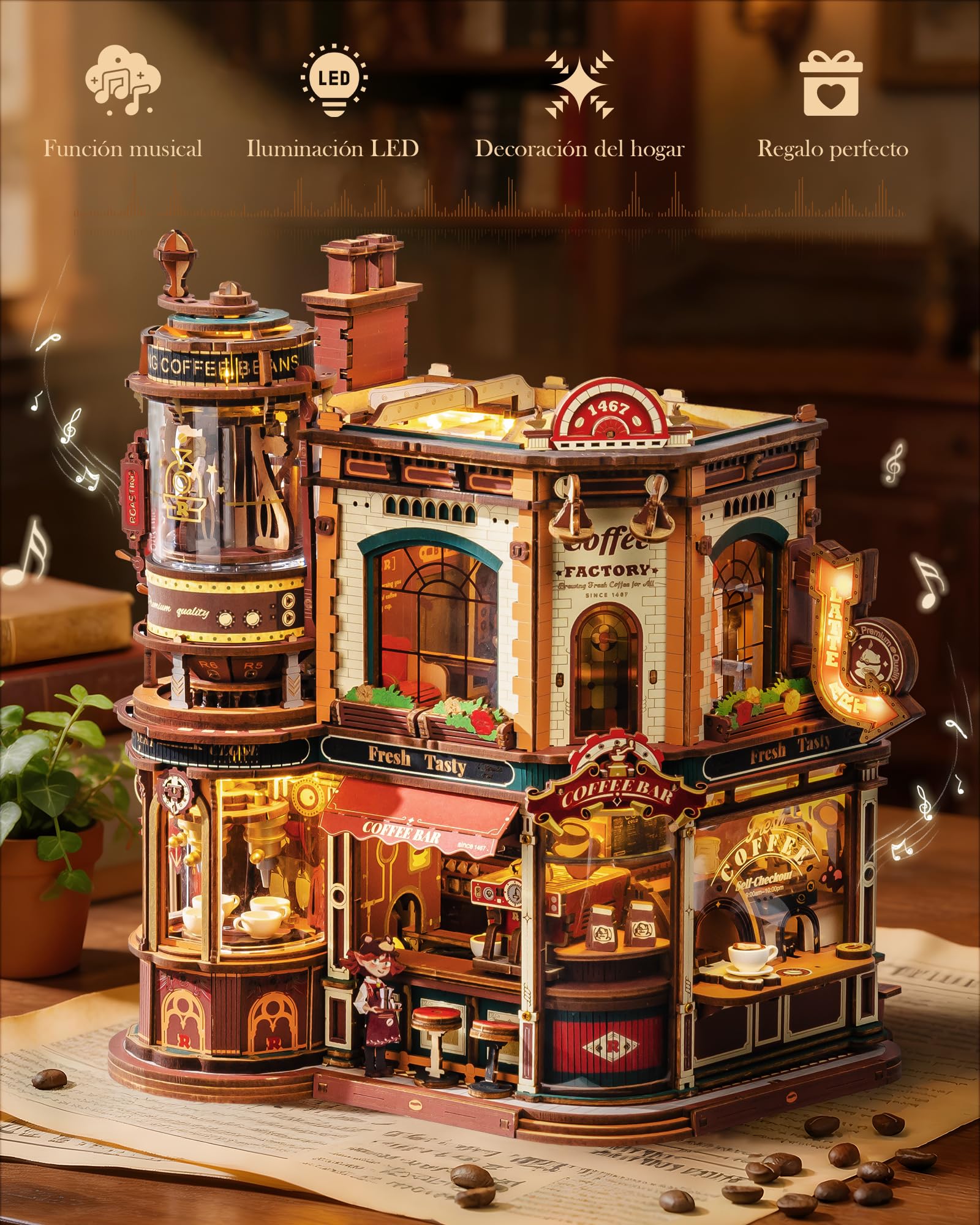 ROBOTIME Rompecabezas de madera 3D para adultos - Fábrica de café de ensueño, kit de construcción en miniatura con música, luces y escenas animadas, casa en miniatura/rincón de libros café EAB02