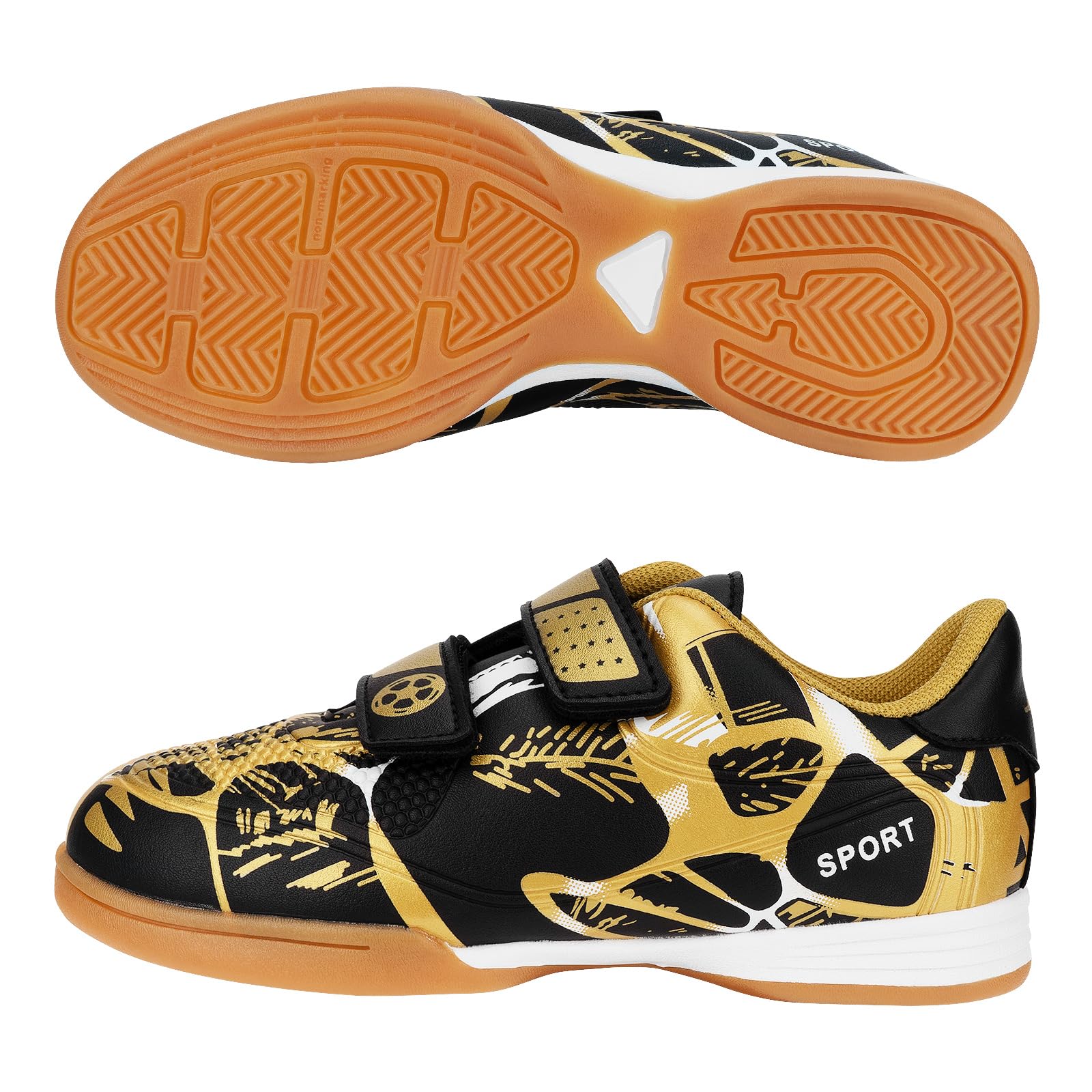 Linkidea Kids Laceless Indoor Soccer Shoes, Rubber Outsole Anti-Slip Sneaker, Futsal Training Cleats for Boys and Girls (Black)