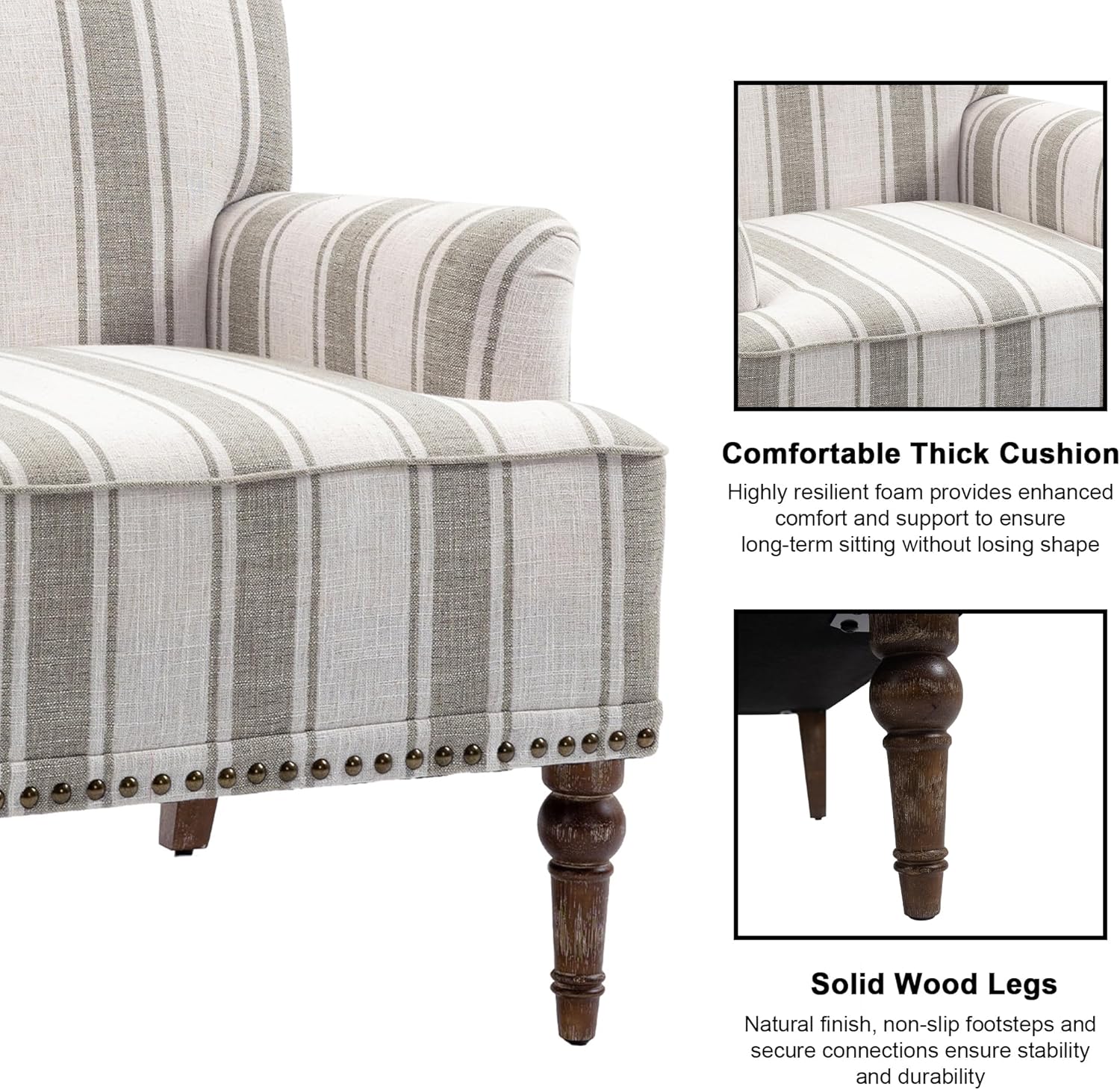 Accent Chair, Mid Century Modern Comfy Armchair for Living Room, Linen Fabric Single Sofa Lounge for Reading Bedroom Apartment Waiting Room with Wood Legs (Brown Stripe, Set of 1)