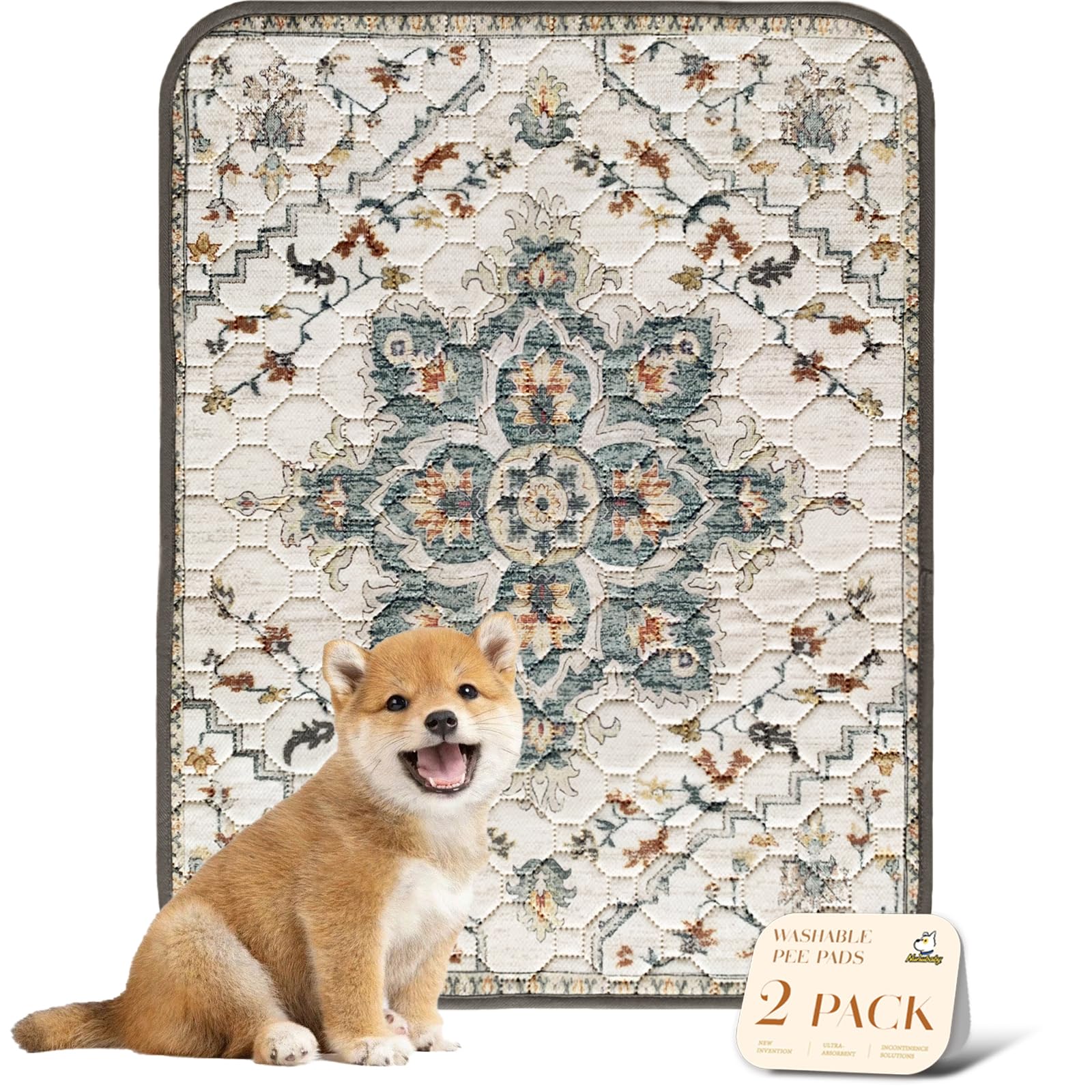 nunubaby Washable Pee Pads for Dogs, Stylish, Non-Slip and Leak-Proof Pee Pads. Reusable Potty Pads for Dogs for Crates and Floors.(Beige/Floral, 18" x24" )