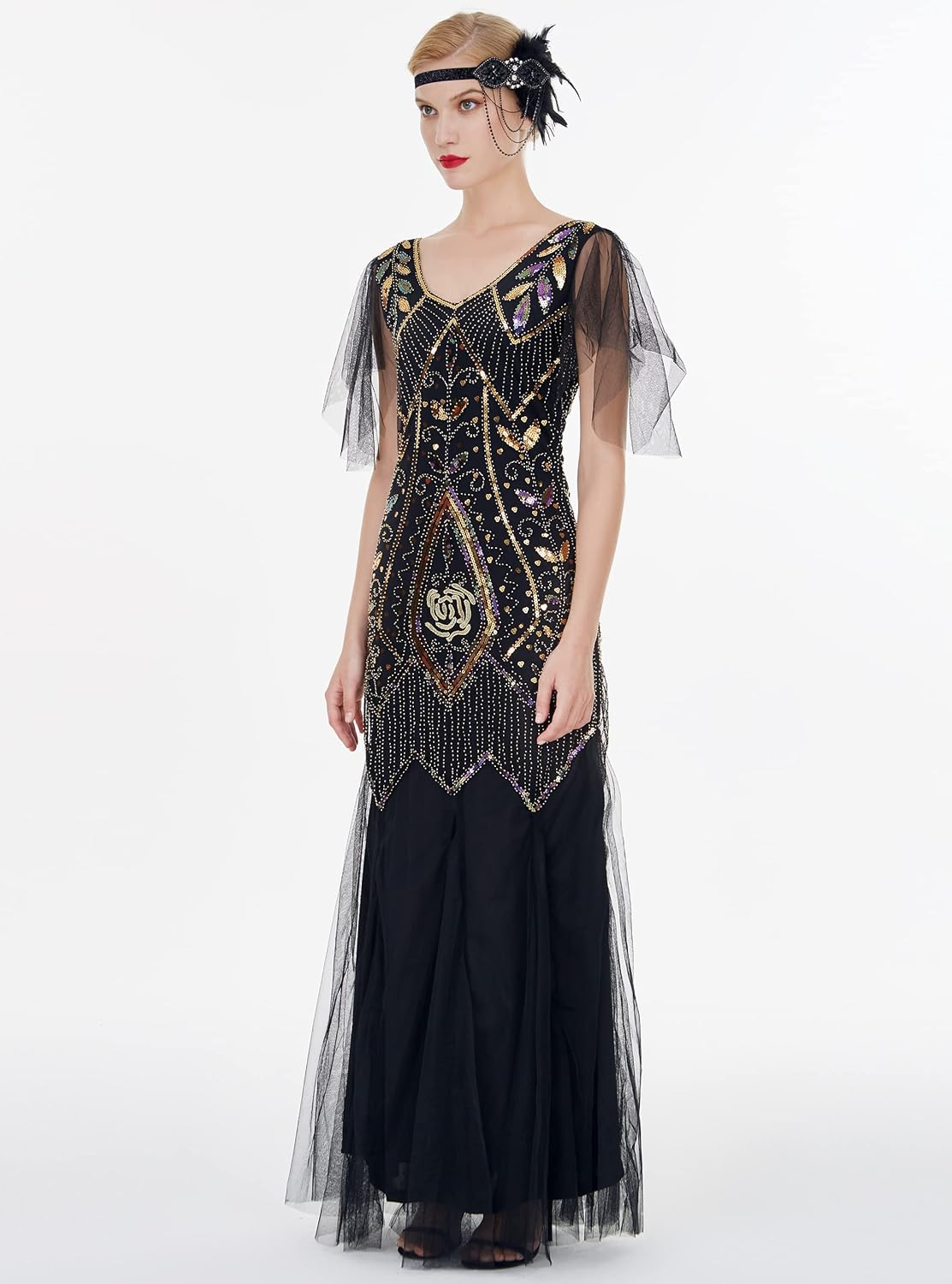 1920s Art Deco Sequin Maxi Dress, Vintage Flapper Gatsby Style, V-Neck with Tulle Sleeves, Long Evening Formal Gown - Image 3