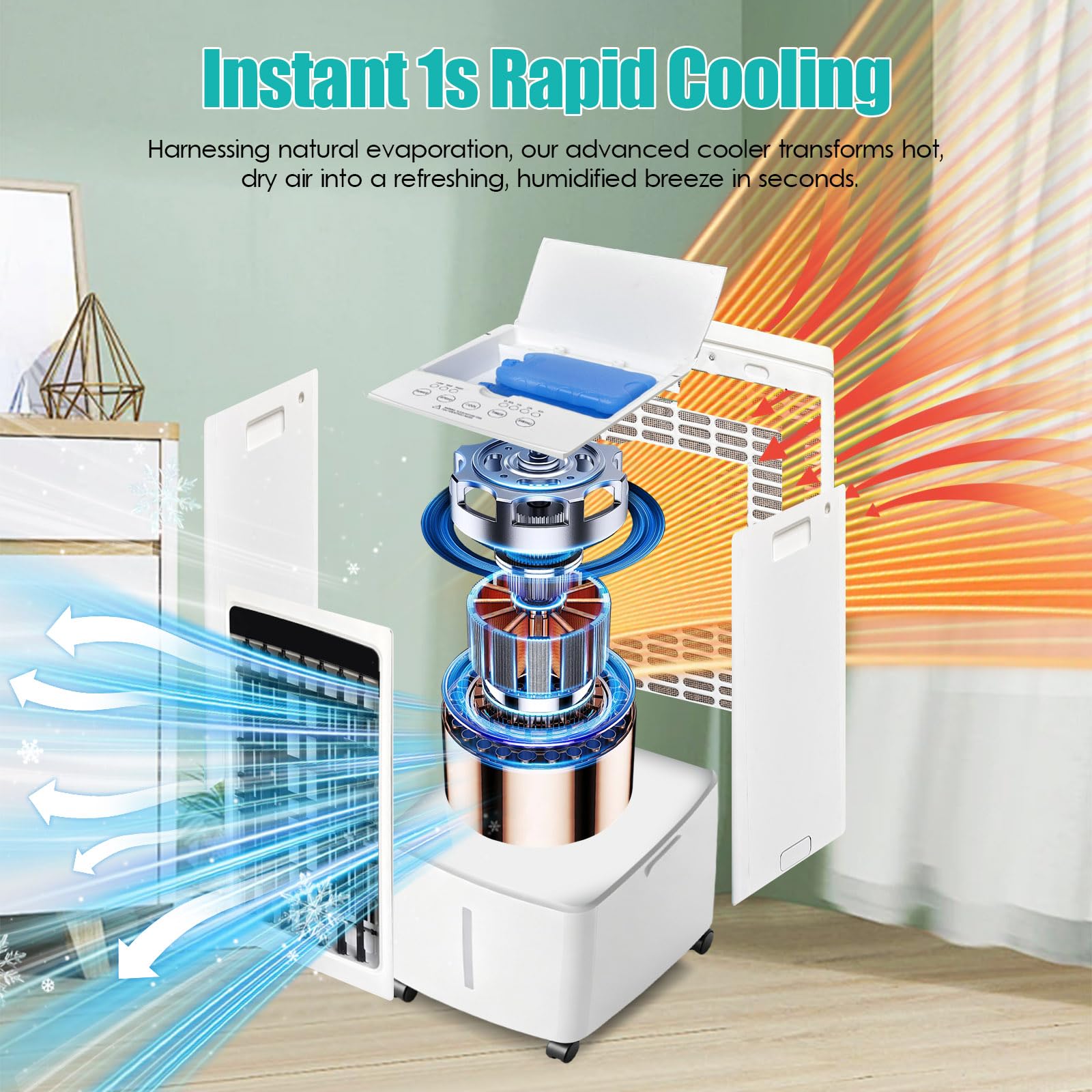 Raffrescatore Oscillante a 90°, Apparecchio Portatile 4 in 1 Senza Tubo con Vaschetta 12L, Flusso d'Aria 800 m³/h, 3 Velocità, Timer 12H