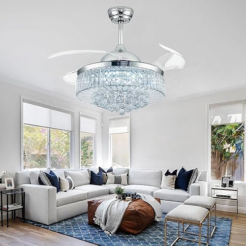 Miniatura 4 de Ventilador de techo de 42 pulgadas con luz, ventilador retráctil LED regulable de cristal para dormitorio, sala de estar, comedor, cromo pulido