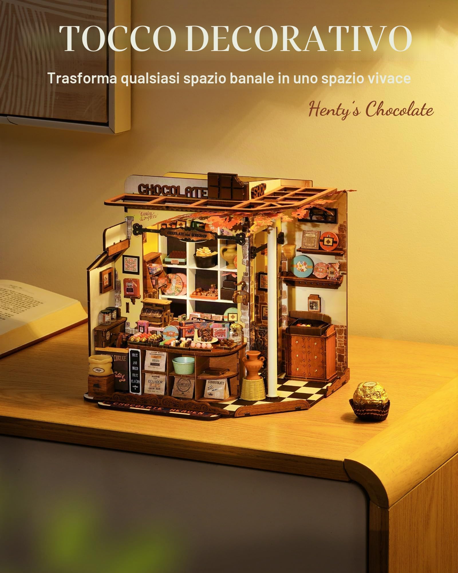ROBOTIME Kit Casa delle Bambole in Miniatura Henry’s Chocolate, Fai-da-te in Legno con LED, Modellismo da Costruire Adulti, Regalo Creativo per Adulti e Adolescenti