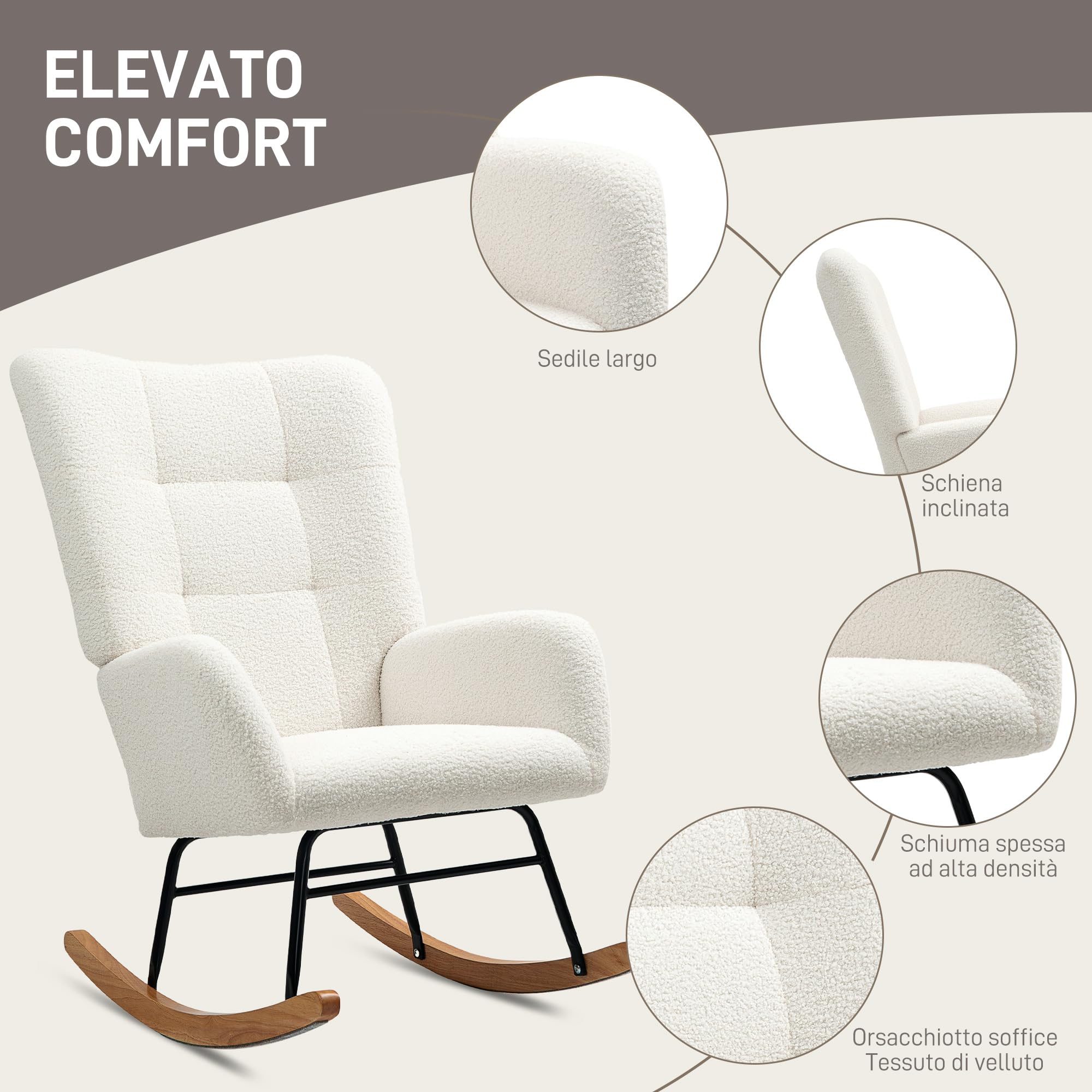 HOMCOM Sedia a Dondolo, Poltrona in Velluto Teddy, Sedia Relax con Gambe in Legno, Dondolo per Camera da Letto e Soggiorno, Bianco Crema