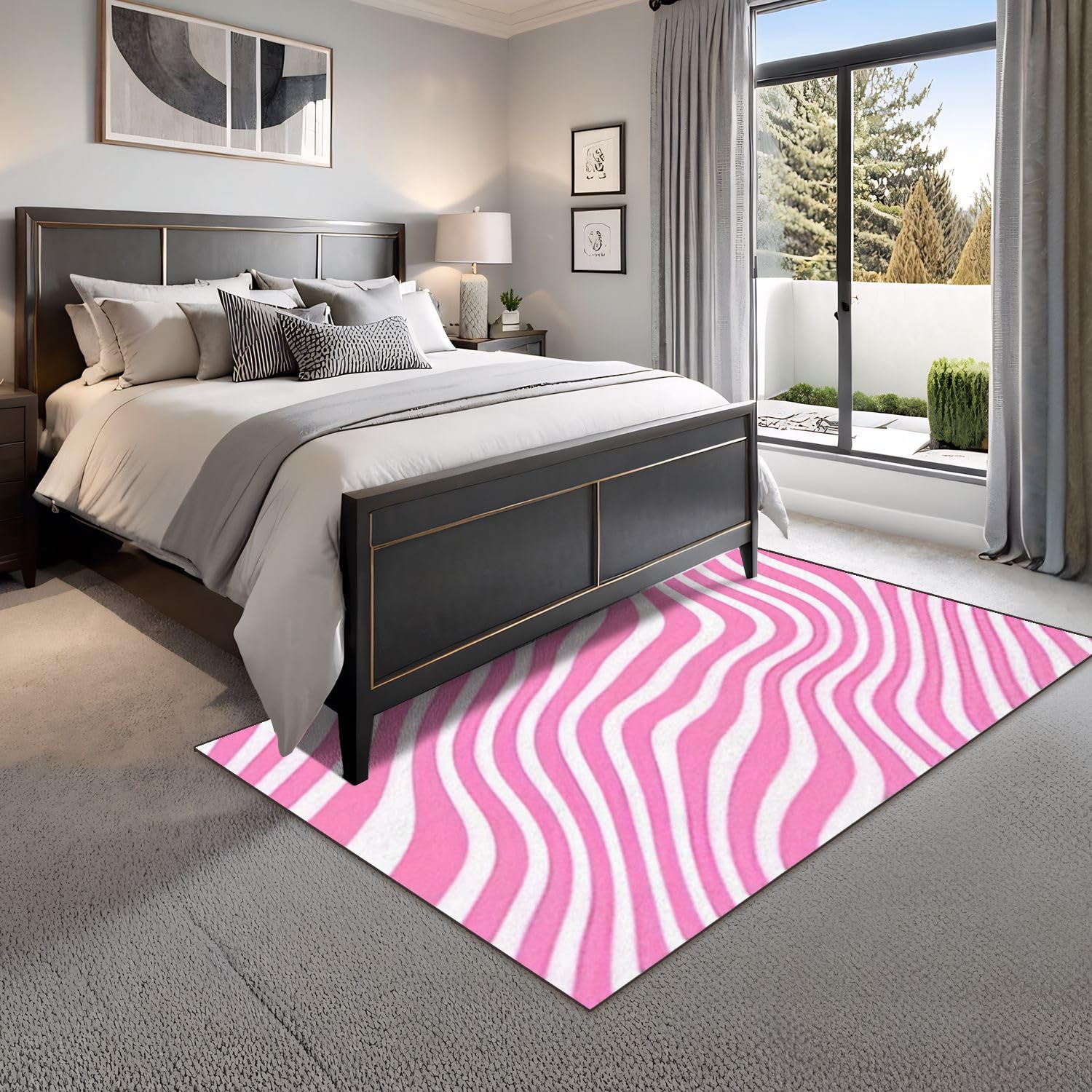 4x5 Pink Boho Rug Rugs for Living Room Rugs for Entryway Cute Light Pink White Abstract Wavy Diagonal Lines Creative Bedroom Rug for Girls Door Mat Nursery Room Decor Rainbow Carpet