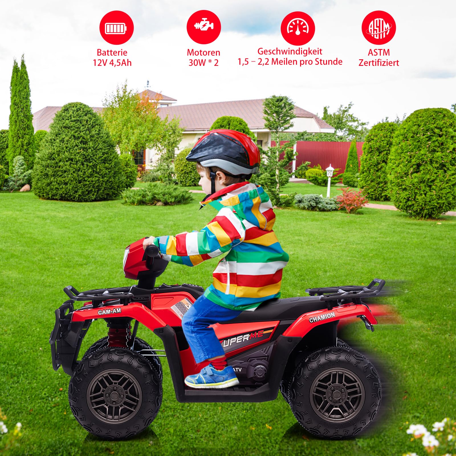 Quad Électrique Enfant ATV 12V 2 Moteurs 30W Télécommande Parentale Rouge