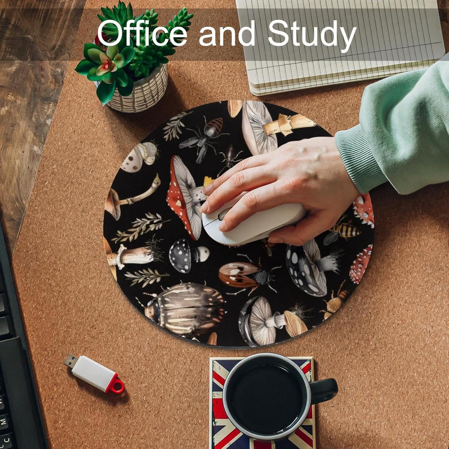 Round Mouse Pad for Women Men, 10’’ Round Desk Pad Mousepad Non-Slip Rubber Base, Office Home Laptop Accessories, Mushroom Insects Aesthetic Pattern image 5