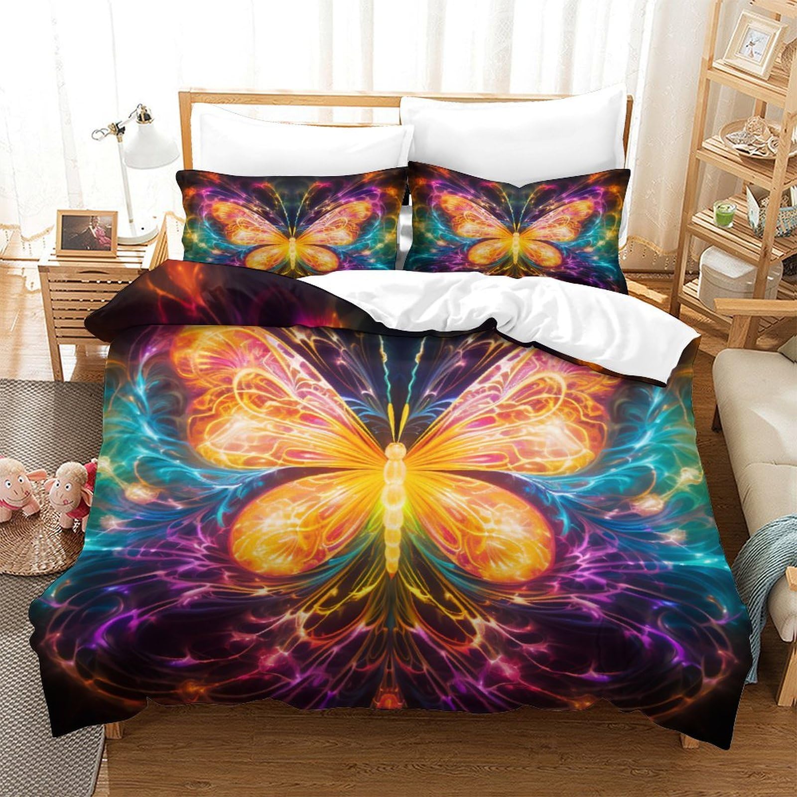 P1S9U7W5Y Magical Butterfly 3D Printed Microfiber Duvet Cover Set 3 Pieces Bedroom Decor Butterfly Bedding Set for Adults Teens Double（200x200cm）