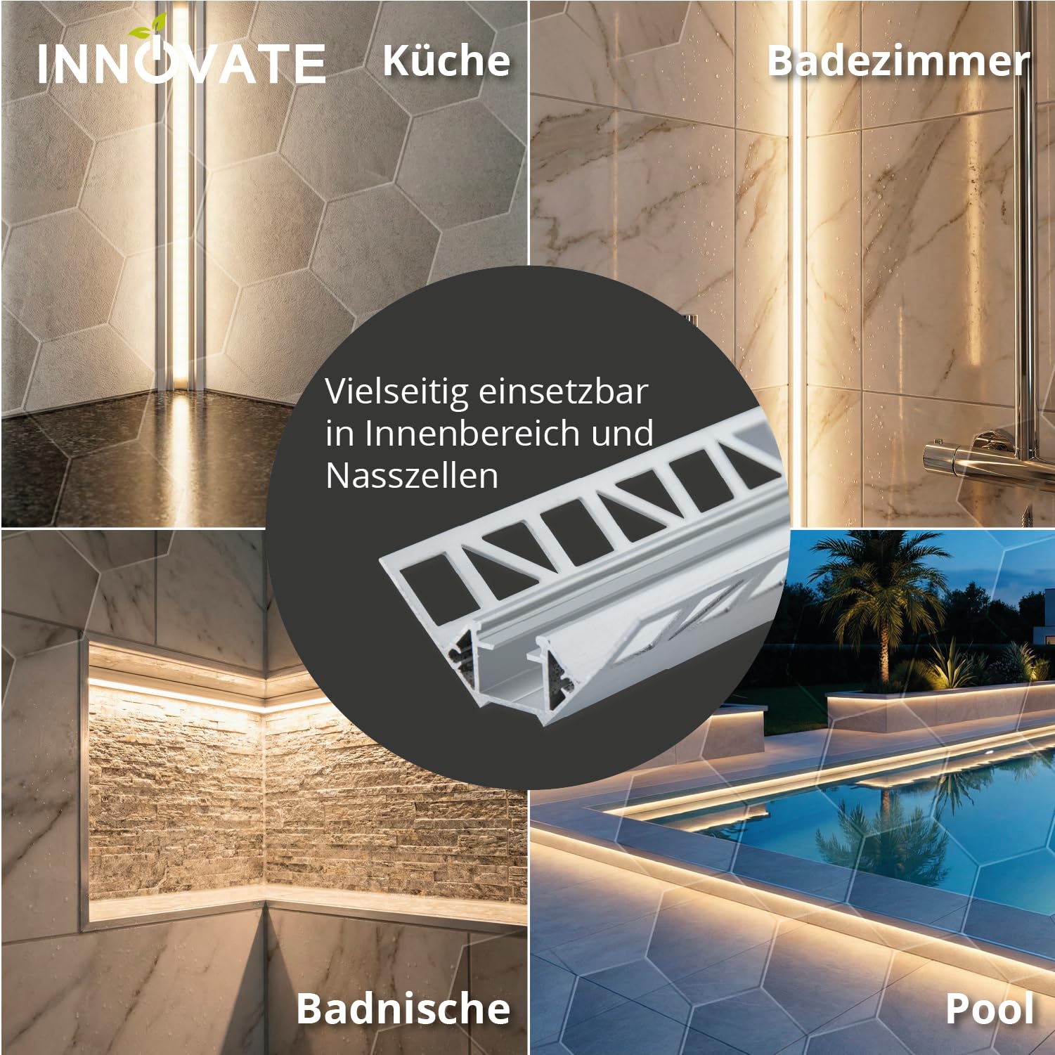 INNOVATE LED Fliesenprofil mit Diffusor [Inneneckprofil 2m Silber-Milchig] Fliesenschiene Dusche LED Streifen 2m I Kantenschutz Fliesen Küche I Indirekte Beleuchtung Badezimmer Duschnische