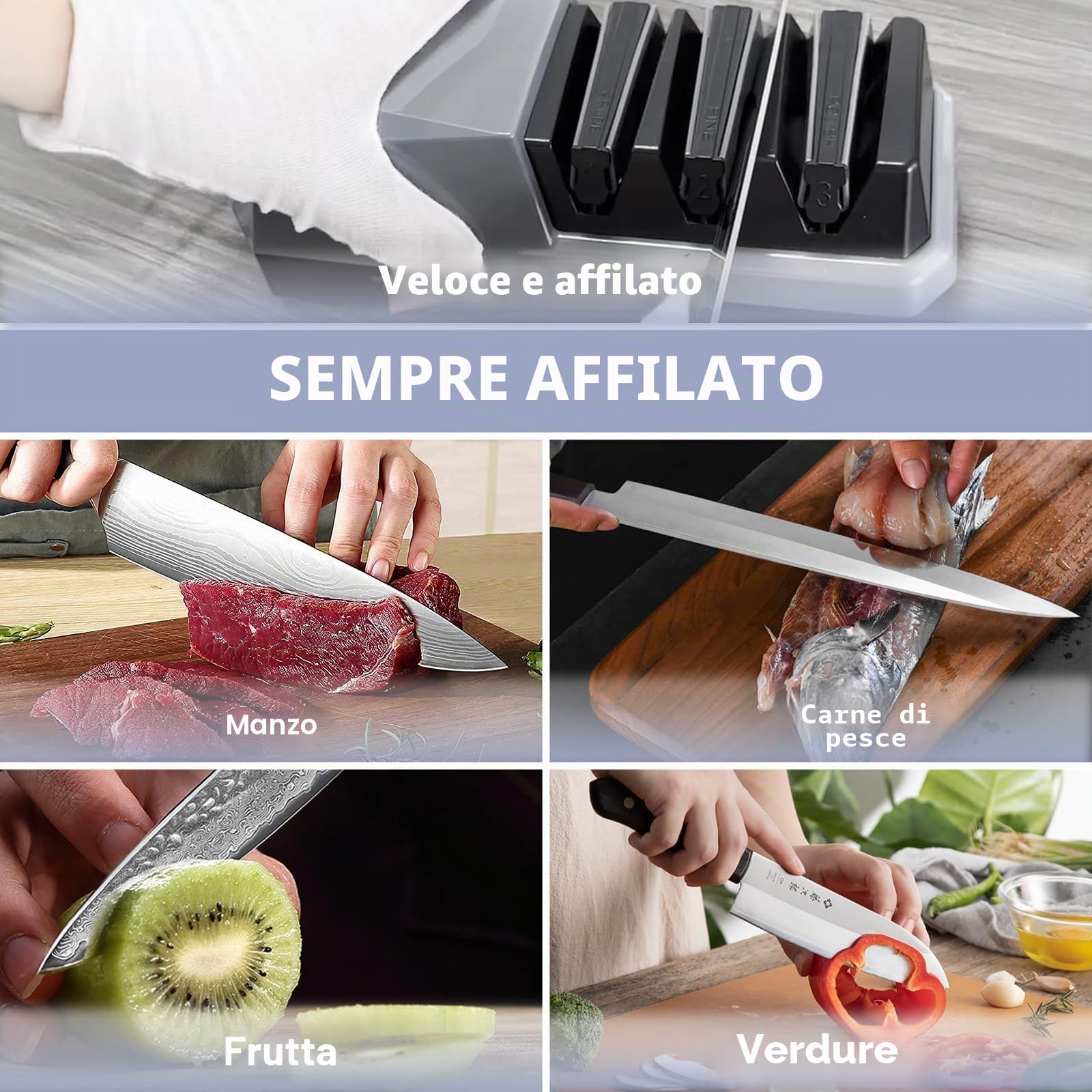 Affilacoltelli Elettrico Professionale, 3 Fasi con Abrasivi Diamantati, Affilatore per Tutti i Tipi di Coltelli