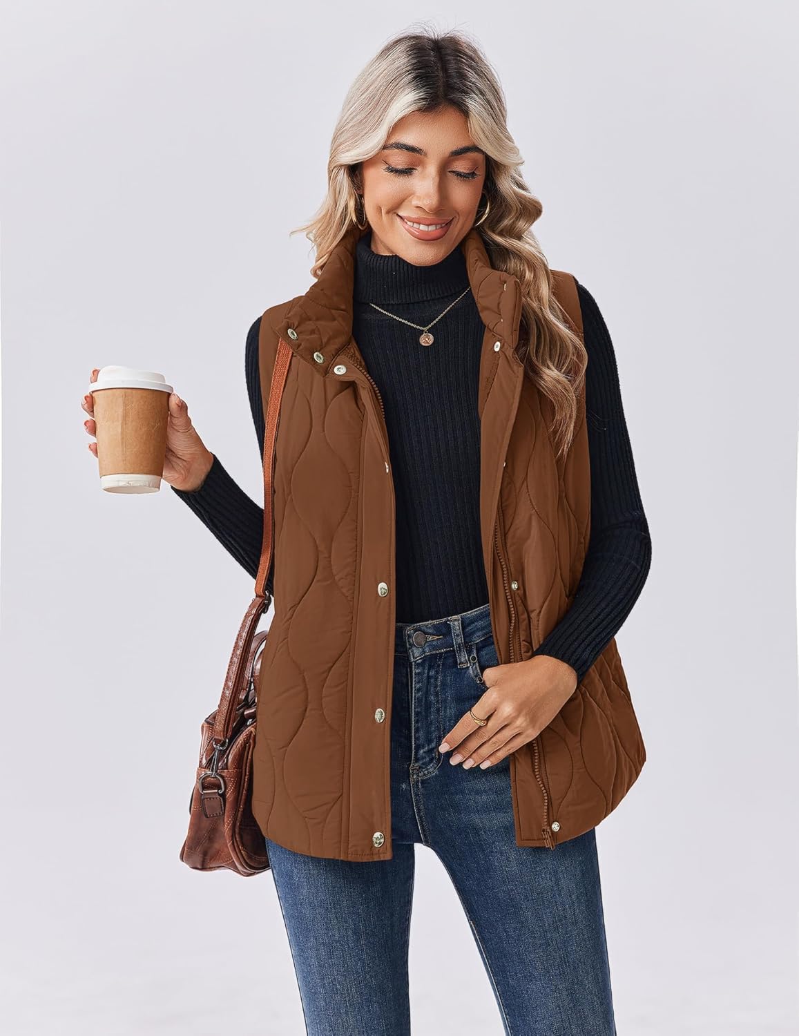 Zeagoo Puffer Vest Women Sleeveless Quilted Jacket Lightweight Snap Zip Up Stand-up Collar Down with Pockets Outerwear - Image 2