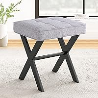 LUEBONA Dark Gray Vanity Stool: Square Padded Ottoman with Metal X Legs, Compact Makeup Seat for Bedroom, Bathroom, Living Room