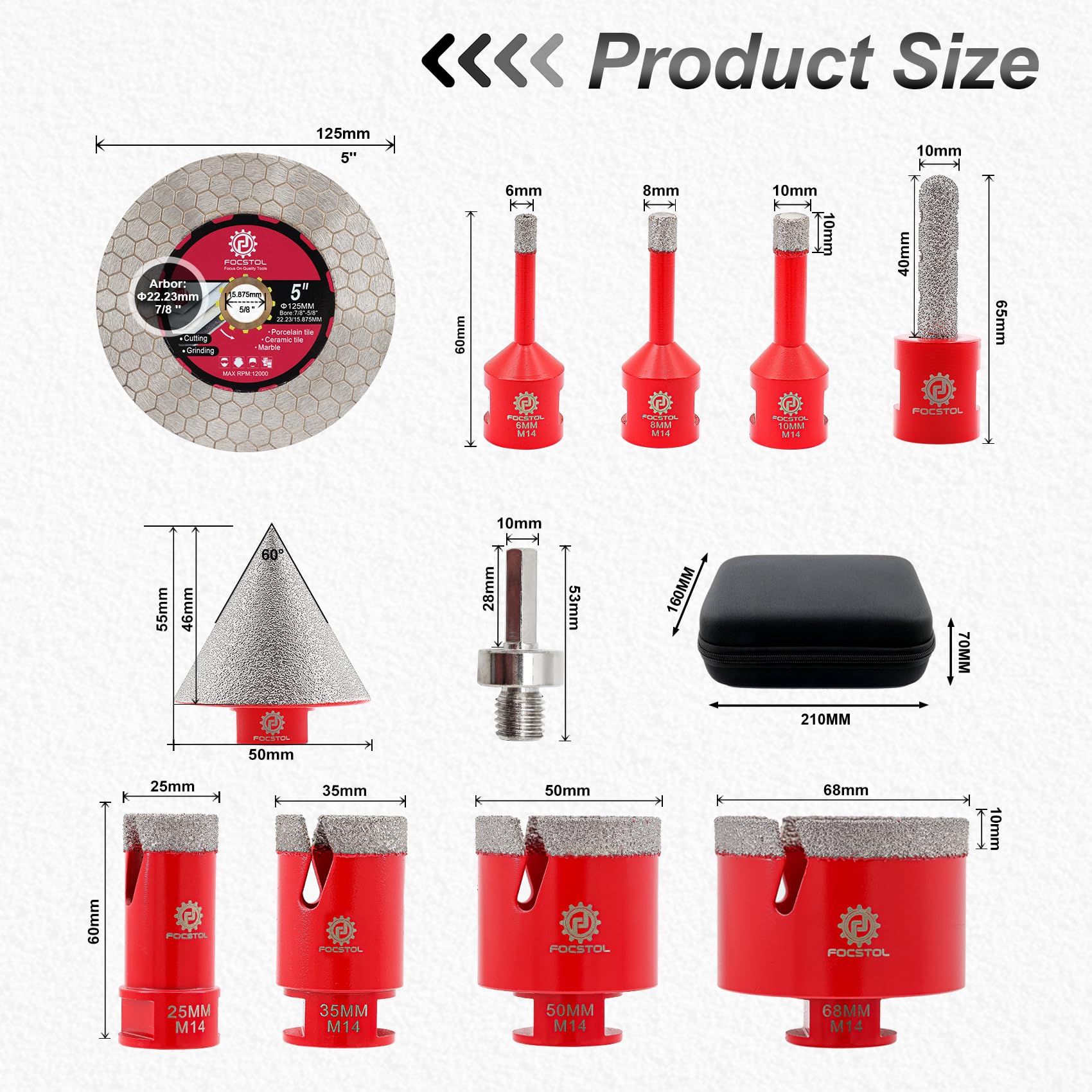 FOCSTOL Foret Diamant Carrelage Kit - 11 pièces (6/6/8/25/35/50/68mm+10mm Fraise+50mm Mèches Chanfrein Biseautées+Adaptateur+125mm Disque) Scie Cloche Diamantée pour Porcelaine Carrelage Marbre Granit
