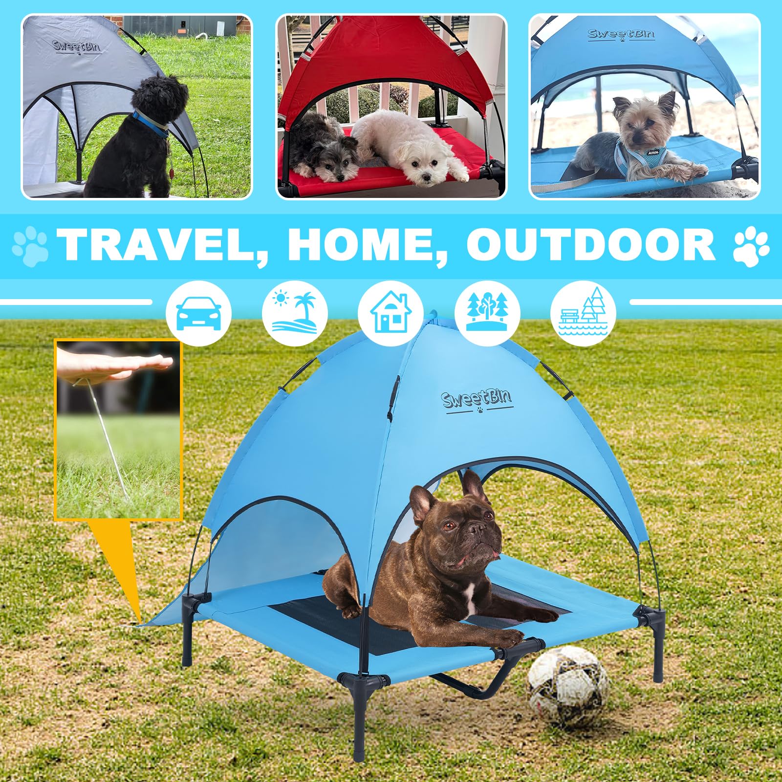 Cuna elevada para perros S/M/L con toldo y sombra lateral para acampar perros pequeños y medianos (bolsa de transporte), cama elevada portátil para perros con y lateral para la playa