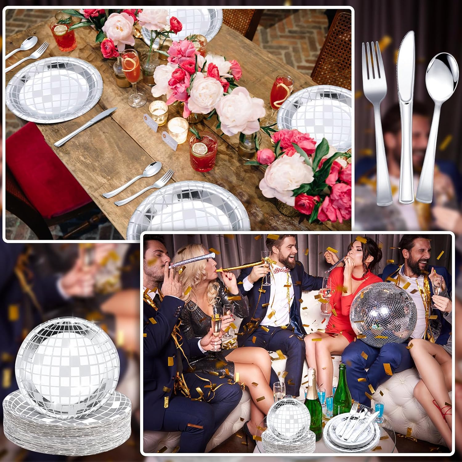 Mifoci 300 Pcs 70s 80s Disco Party Decorations 60 Set Disposable Paper Plates 7", 9" Silver Disco Ball Dessert Dinner Plates with Knife Fork and Spoon for Rock Roll Dance Music Party - Image 7