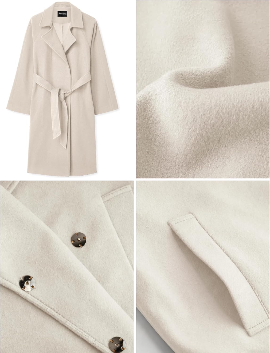 Majdan Women's Notch Lapel Wool Blend Coat Mid Long Winter Overcoat Oversized Peacoat Belted Long Jacket - Image 5