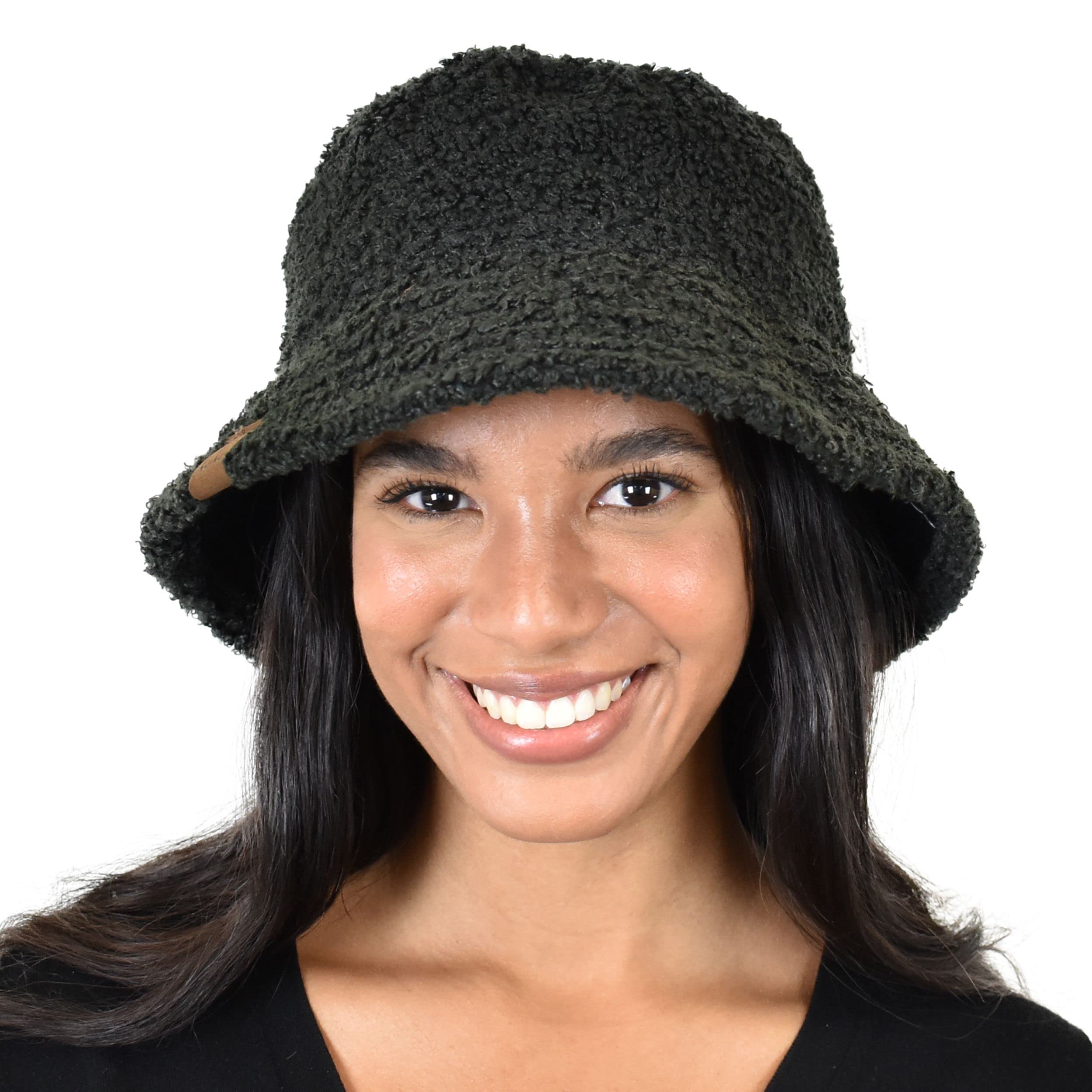 C.C Women's Winter Faux Fur Teddy Style Reversible Fisherman Bucket Hat, Black