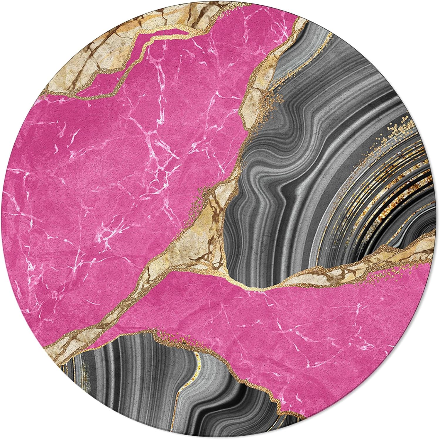 Marble Blush Pink Round Area Rug 5ft,Washable Outdoor Indoor Carpet Runner Rug for Bedroom,Kitchen,Bathroom,Living/Dining/Laundry Room,Office,Area+Rug Large Bath Door Mat Modern Abstract Gold Grey