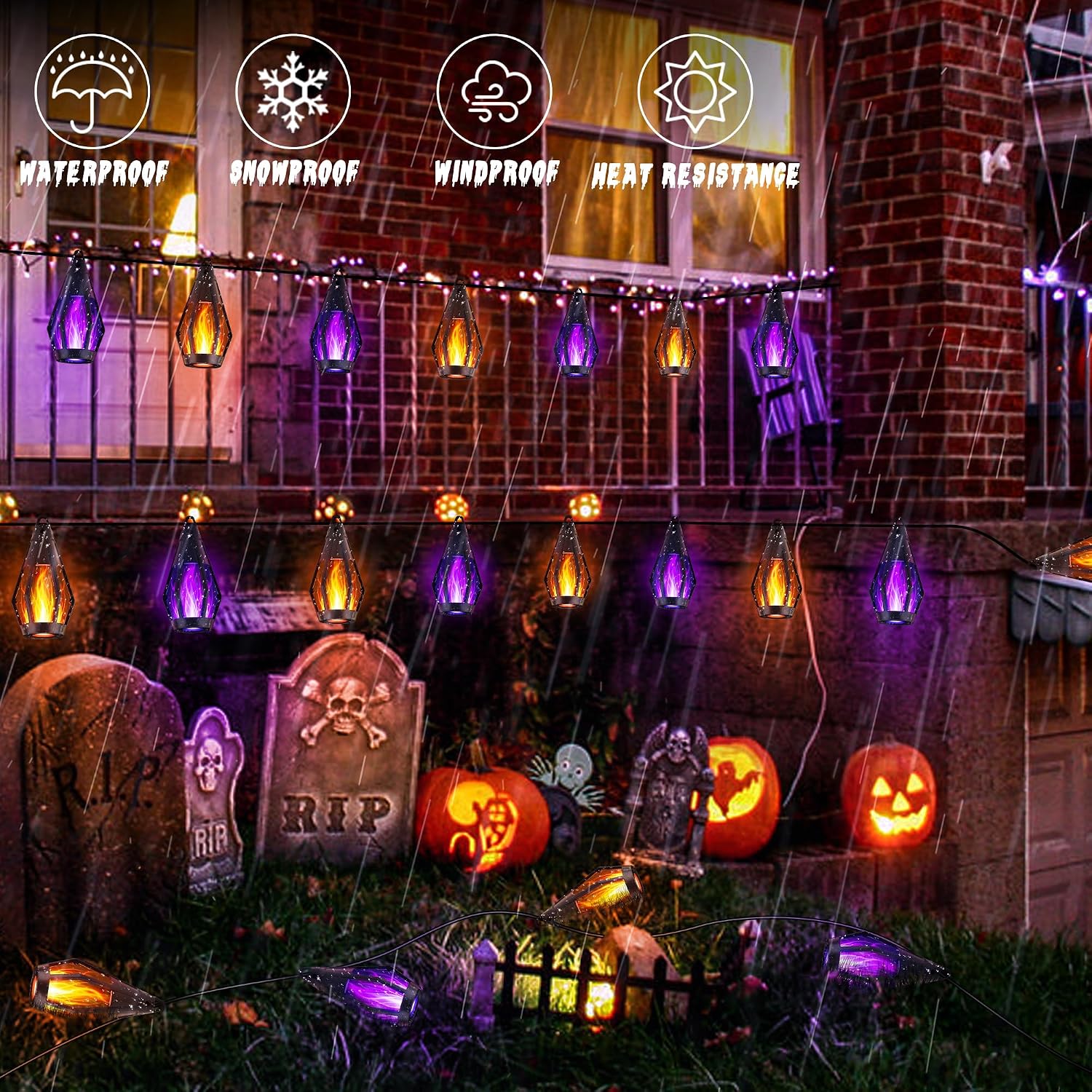 Flacchi Solar Flame String Lights - 42ft 15 LED Lights Outdoor Solar String Lights for Garden Patio Halloween Decoration (Orange & Purple, 42ft)