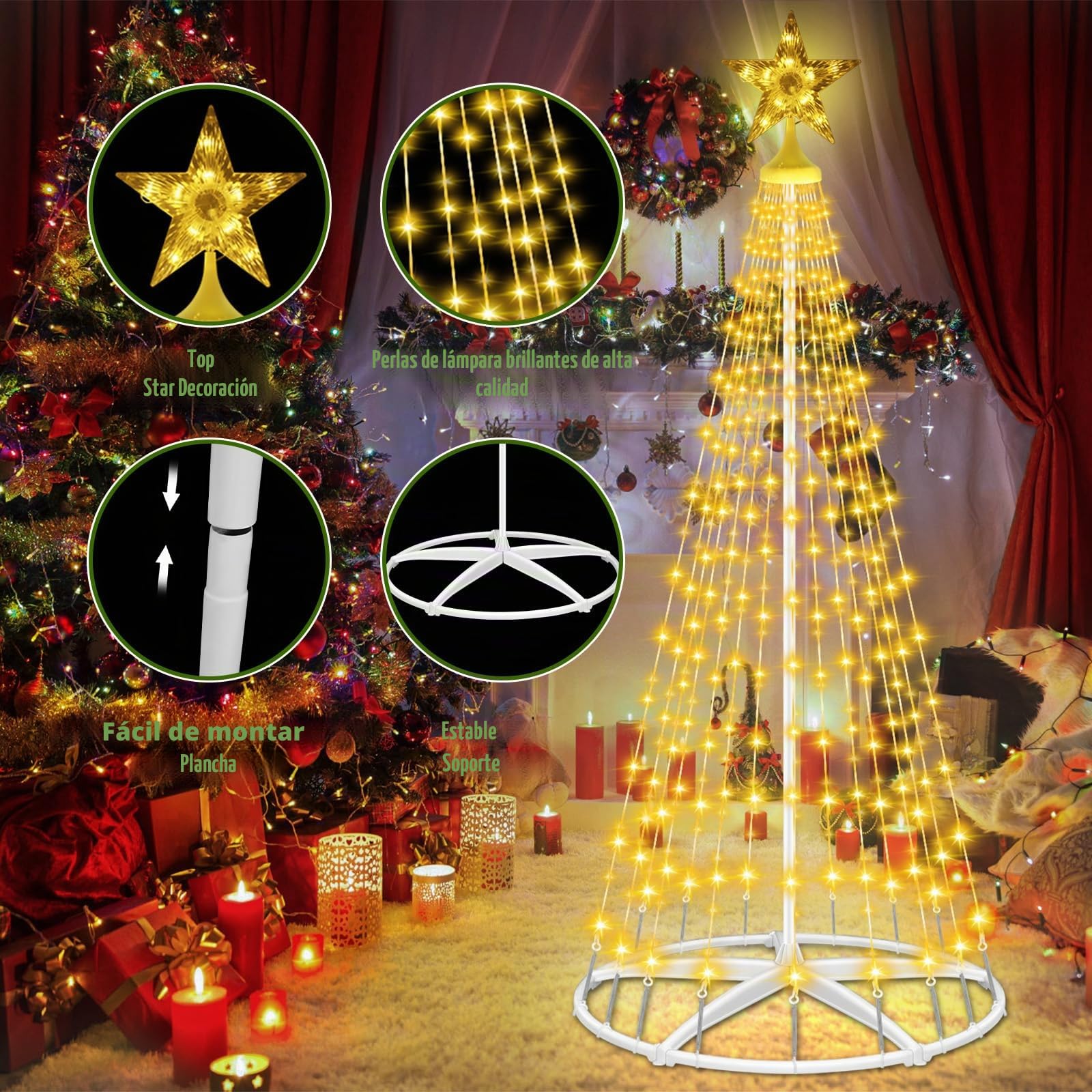 HELESIN 1,8 M, Luces de árbol de Navidad con Estrella, 250 Luces LED RGB para Exterior e Interior, 12 Modos, Decoraciones navideñas para Jardines Exteriores, Blanco Cálido