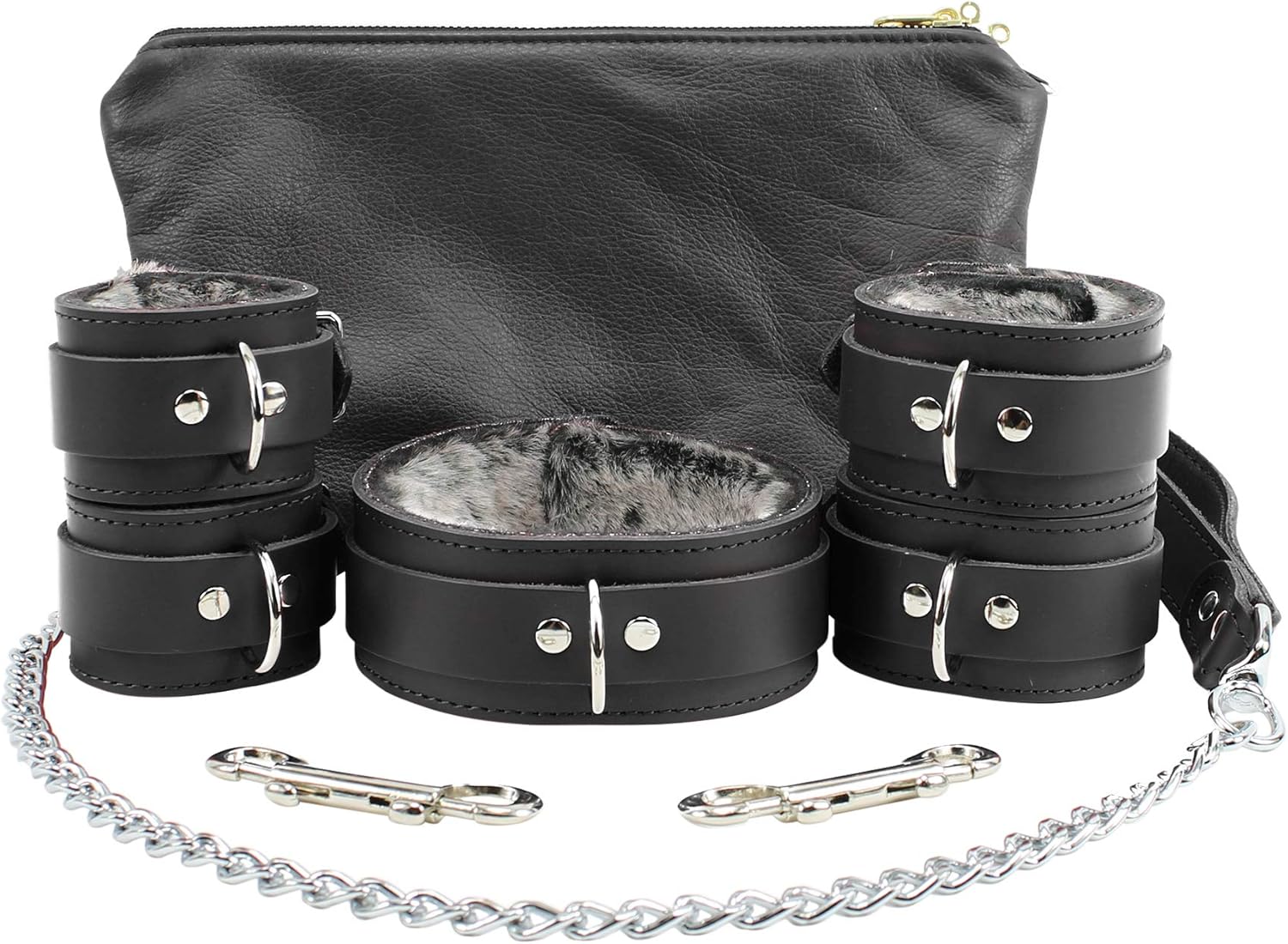 Atlas Set 7-Piece Collar Leash Wrist and Ankle Cuffs Latigo Leather Faux Chinchilla Fur (Black, Large)