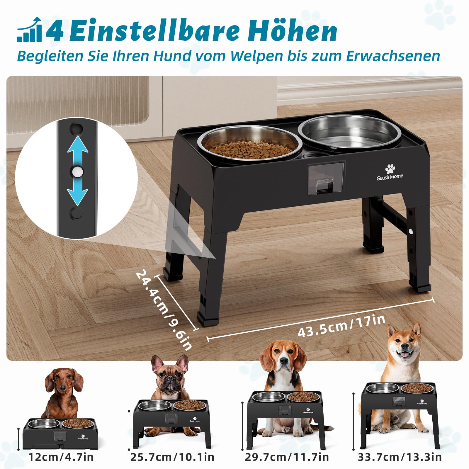 GUUSII HOME Hundenapf Erhöht Erhöhter Fressnapf Napf Grosse Hunde Futterstation Hund Napfständer Groß Hundebar Futterbar Napfset Hoch mit Ständer Doppelnapf 43.5 * 24.4 * 12/25.7/29.7/33.7cm 2000ml