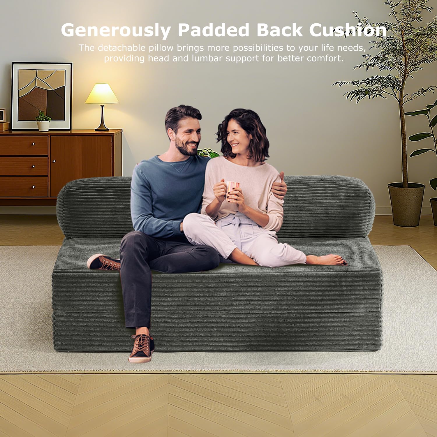 Folding Futon Sofa Bed Full Size, 6 inch Convertible Floor Couch Bed with Removable Corduroy Cover, Pull Out Couch for Small Spaces High-Density Foam,Grey