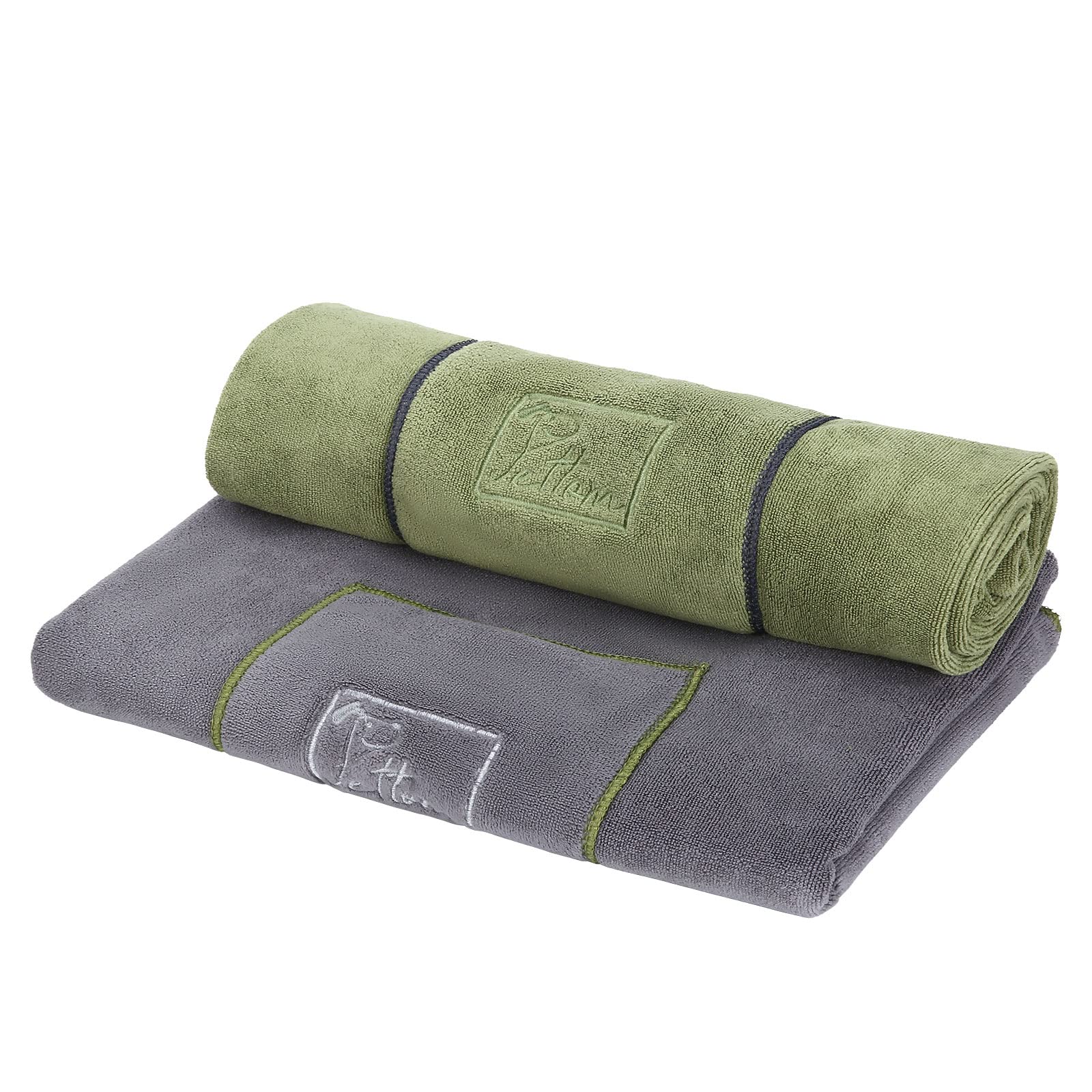 PETTOM 2er Set Hundehandtuch, Hundehandtuch Extra Saugfähig, Handtuch Hund Mikrofaser Schnell Trocknend und Weich, Badehandtuch für mittelgroße & große Hunde (Grau & Grün, 130x75 cm)